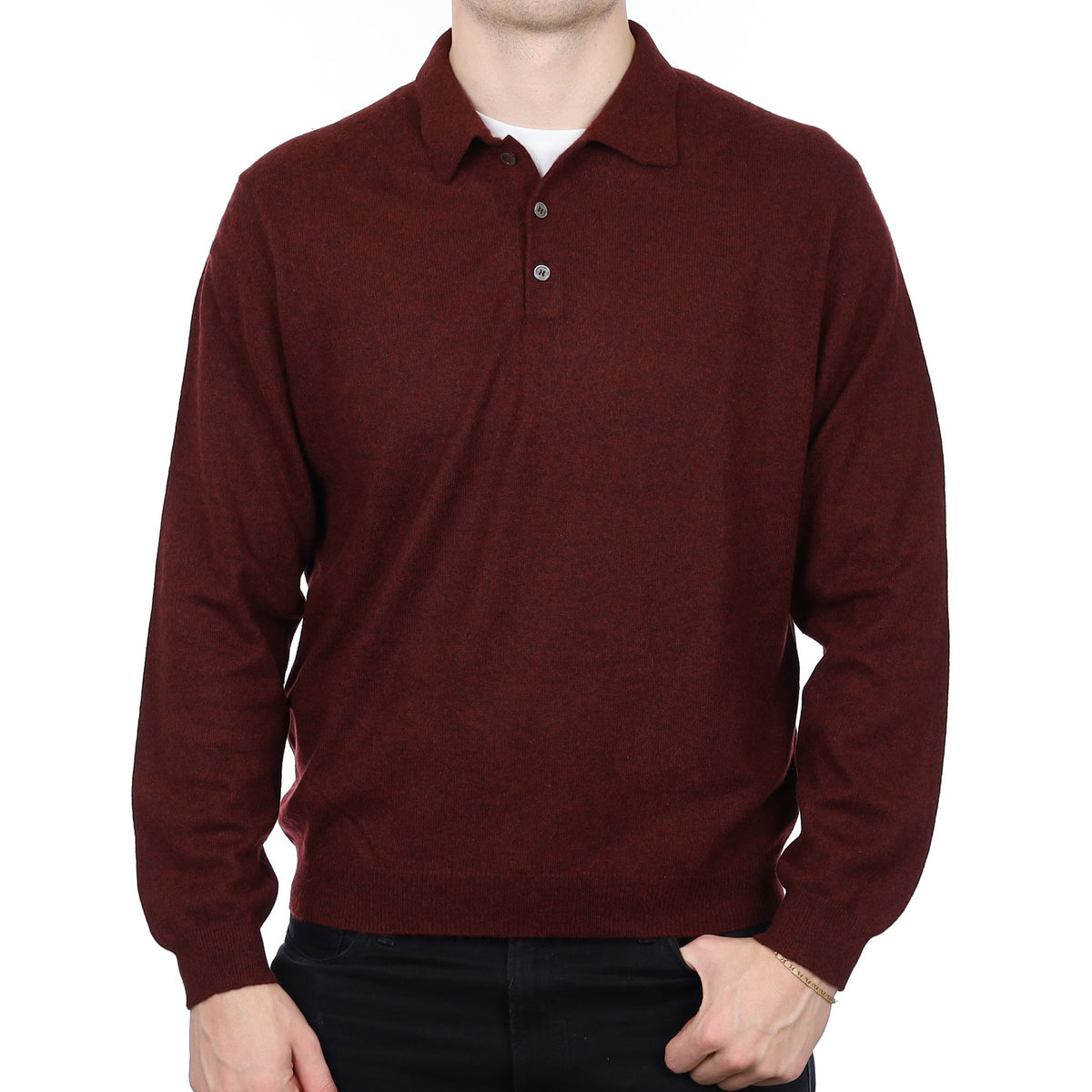 Men’s Wine Red Cashmere Collared 1/4 Button Extra Large