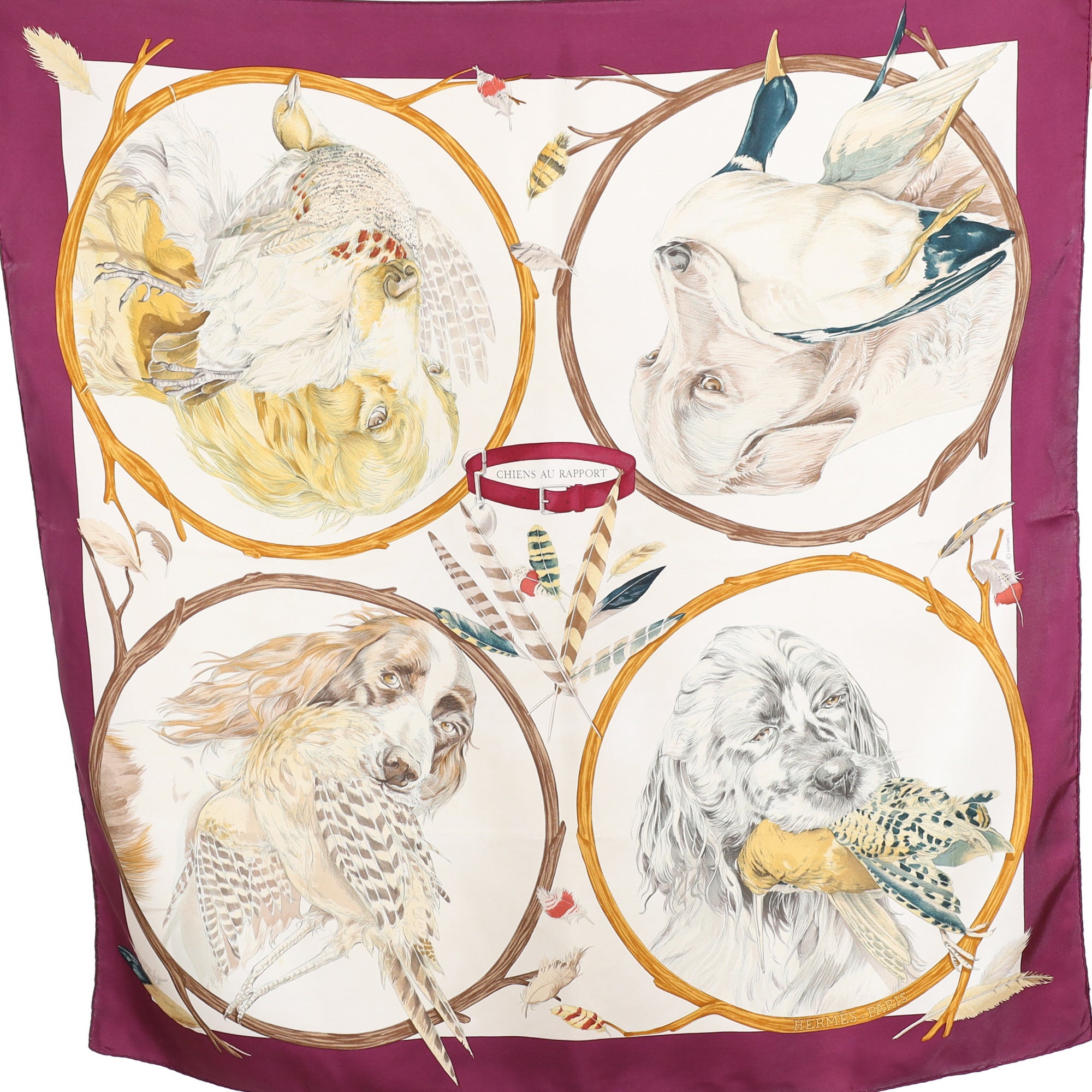 Hermès Chiens au Rapport Vintage Silk Scarf