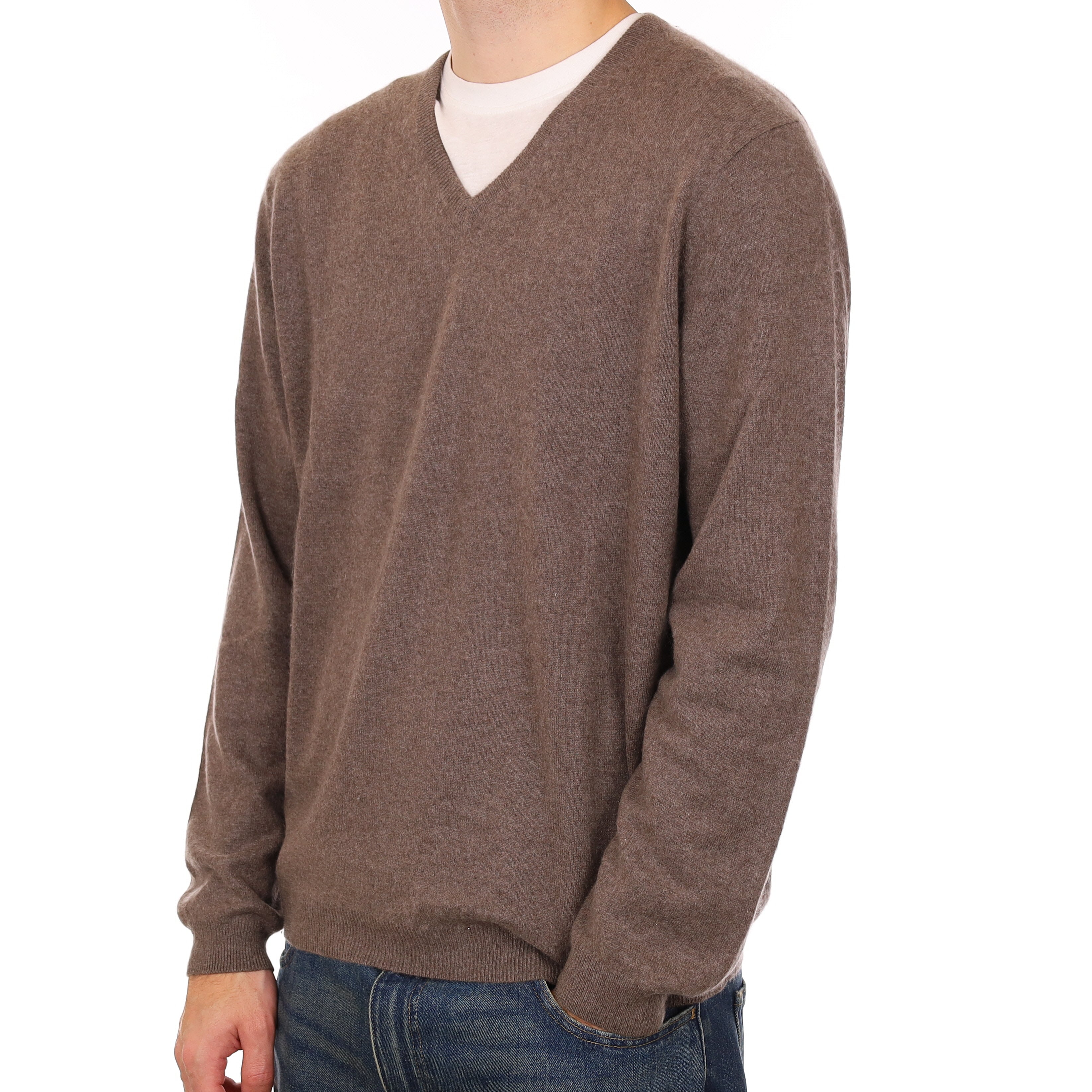 Men’s Mushroom Brown Cashmere V Neck Jumper Large