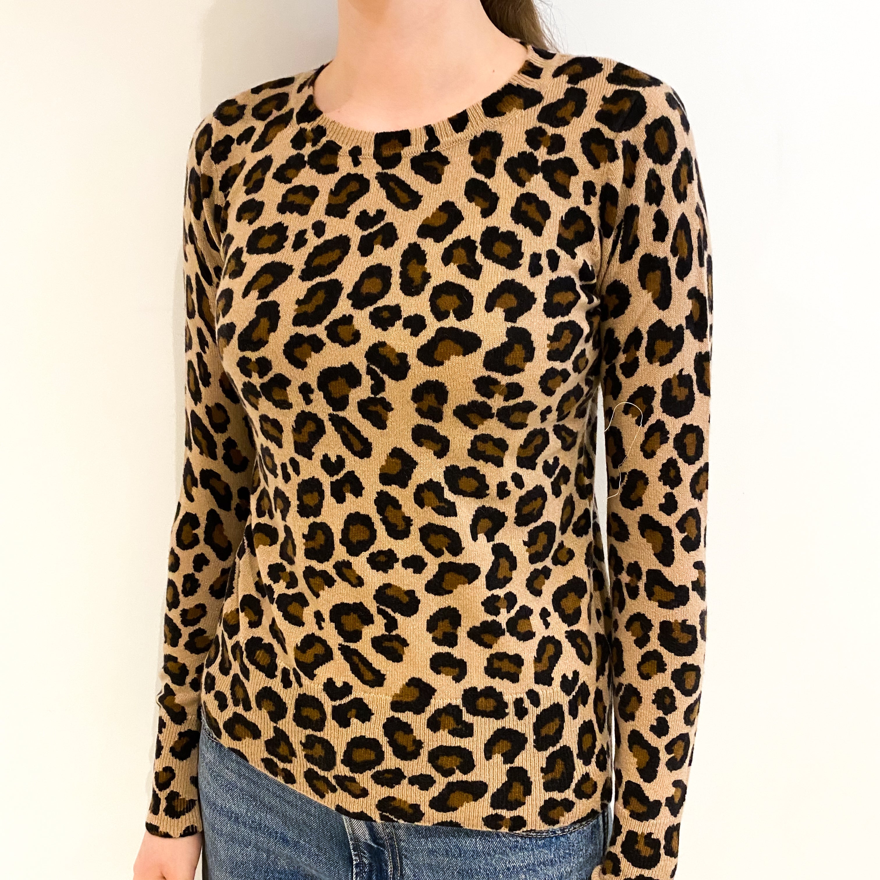 Brown Leopard Print Cashmere Crew Neck Jumper Extra Small