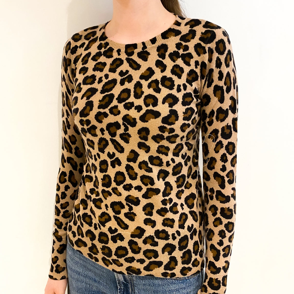 Brown Leopard Print Cashmere Crew Neck Jumper Extra Small