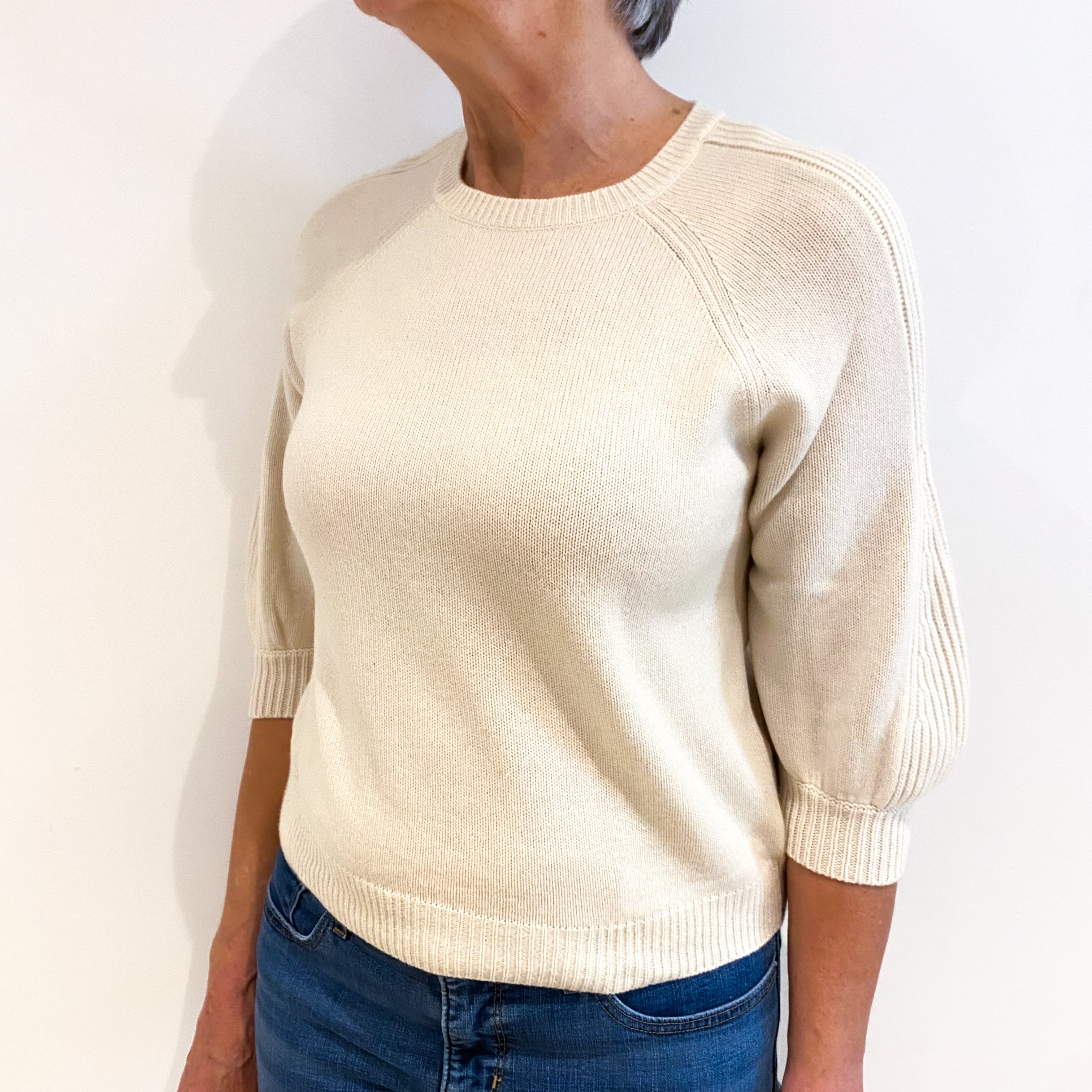 Cream Cashmere Short Balloon Sleeve Crew Neck Jumper Medium