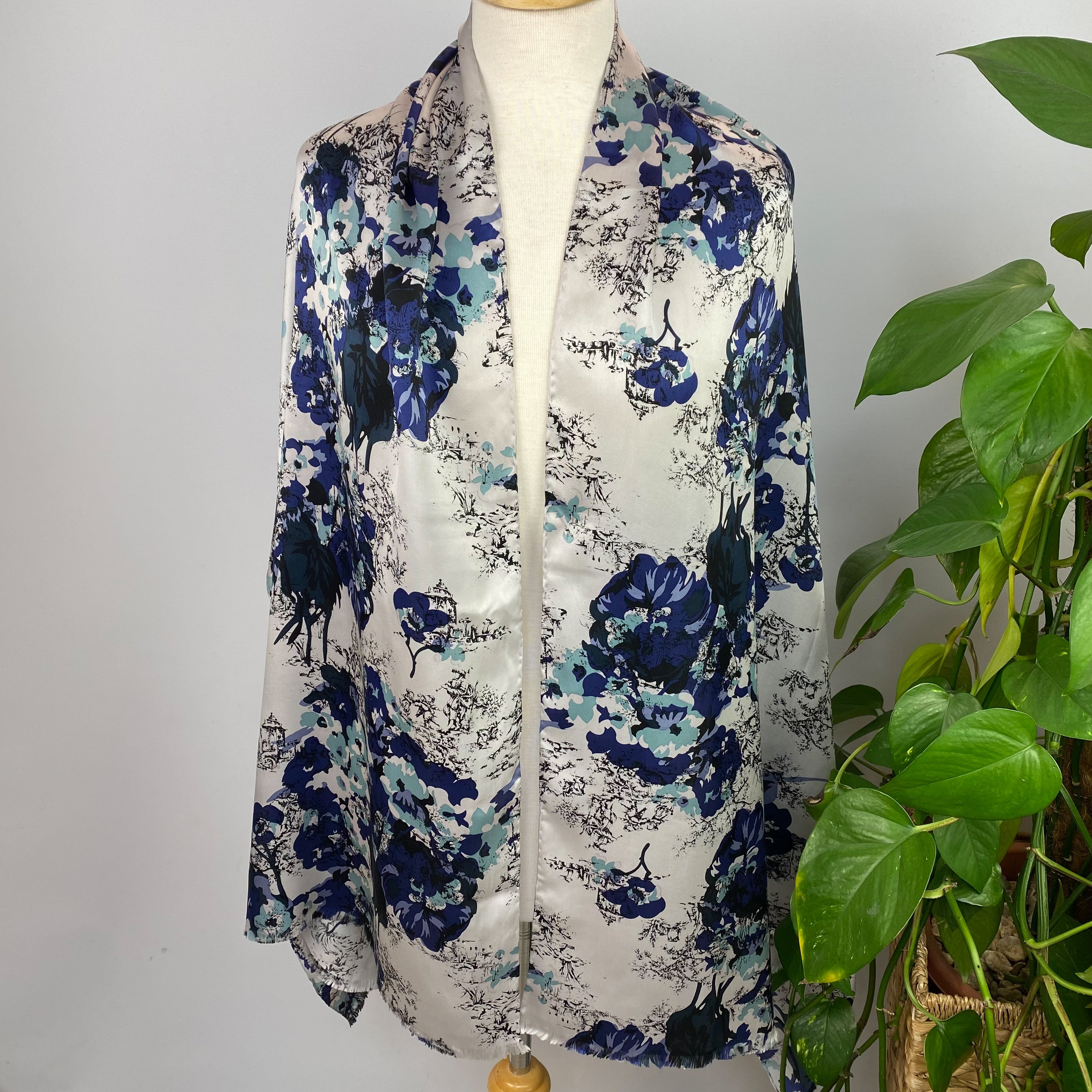 Long Abstract Blues Silk Scarf