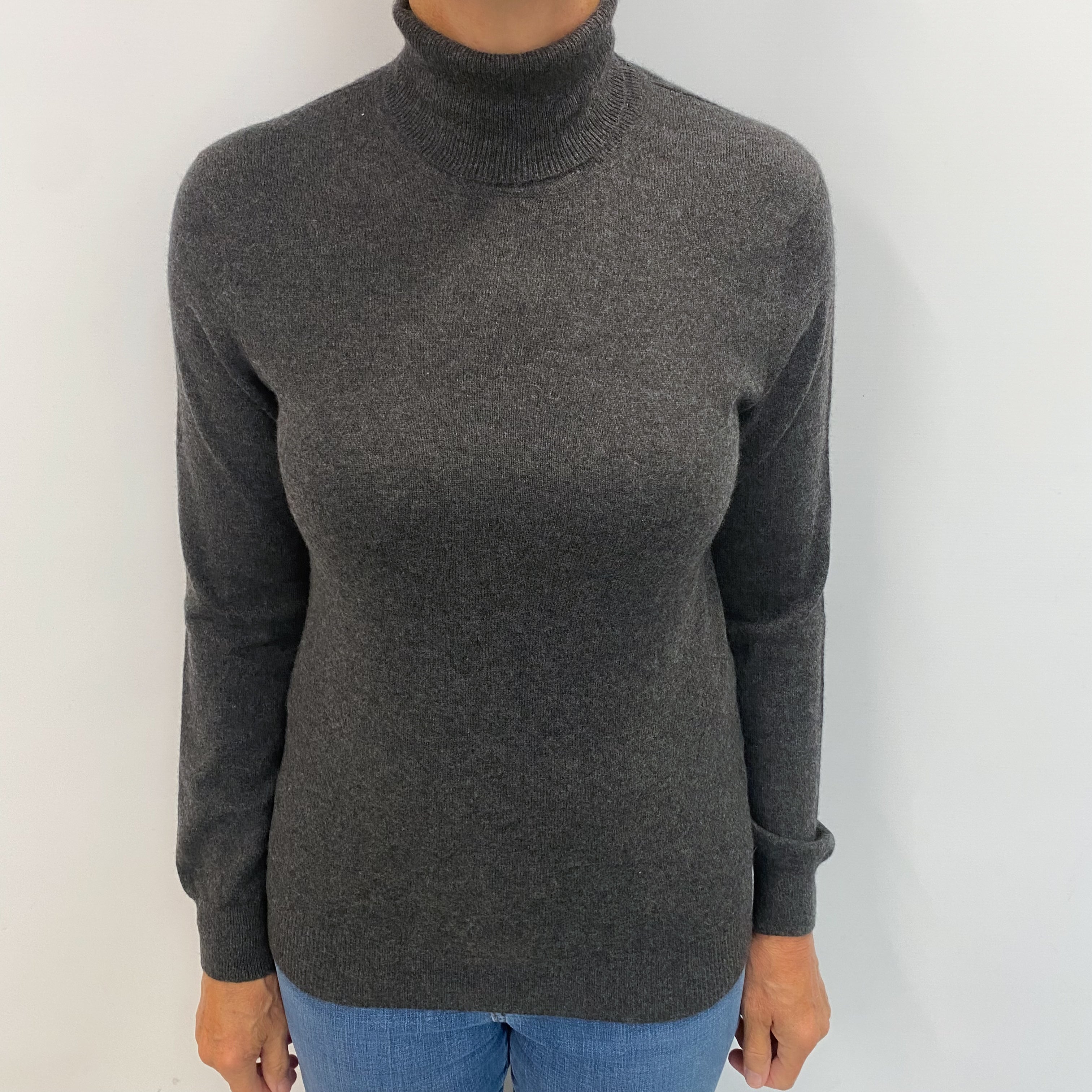 Charcoal Grey Cashmere Polo Neck Jumper Medium