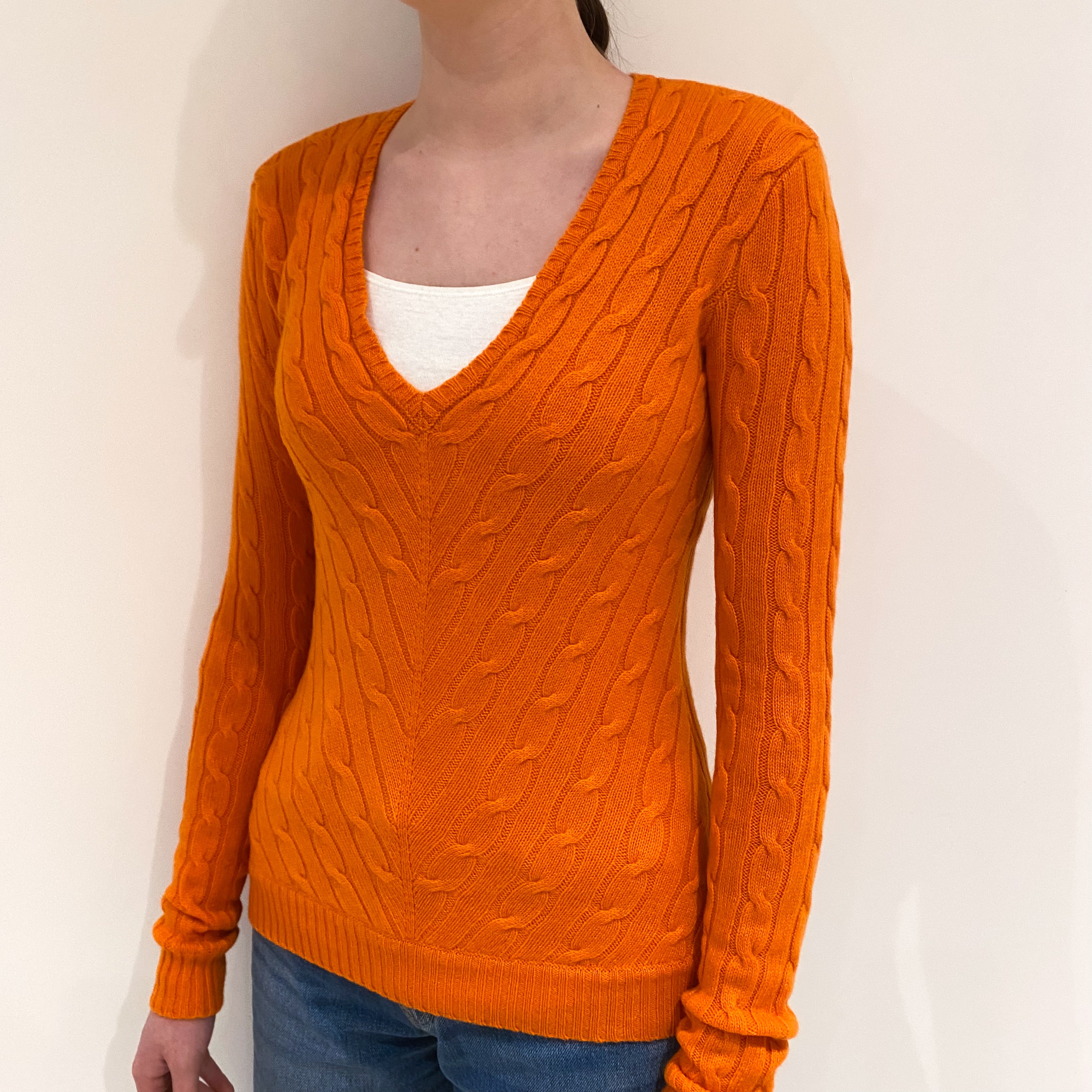 Ralph Lauren Orange Cable Cashmere V Neck Jumper Extra Small