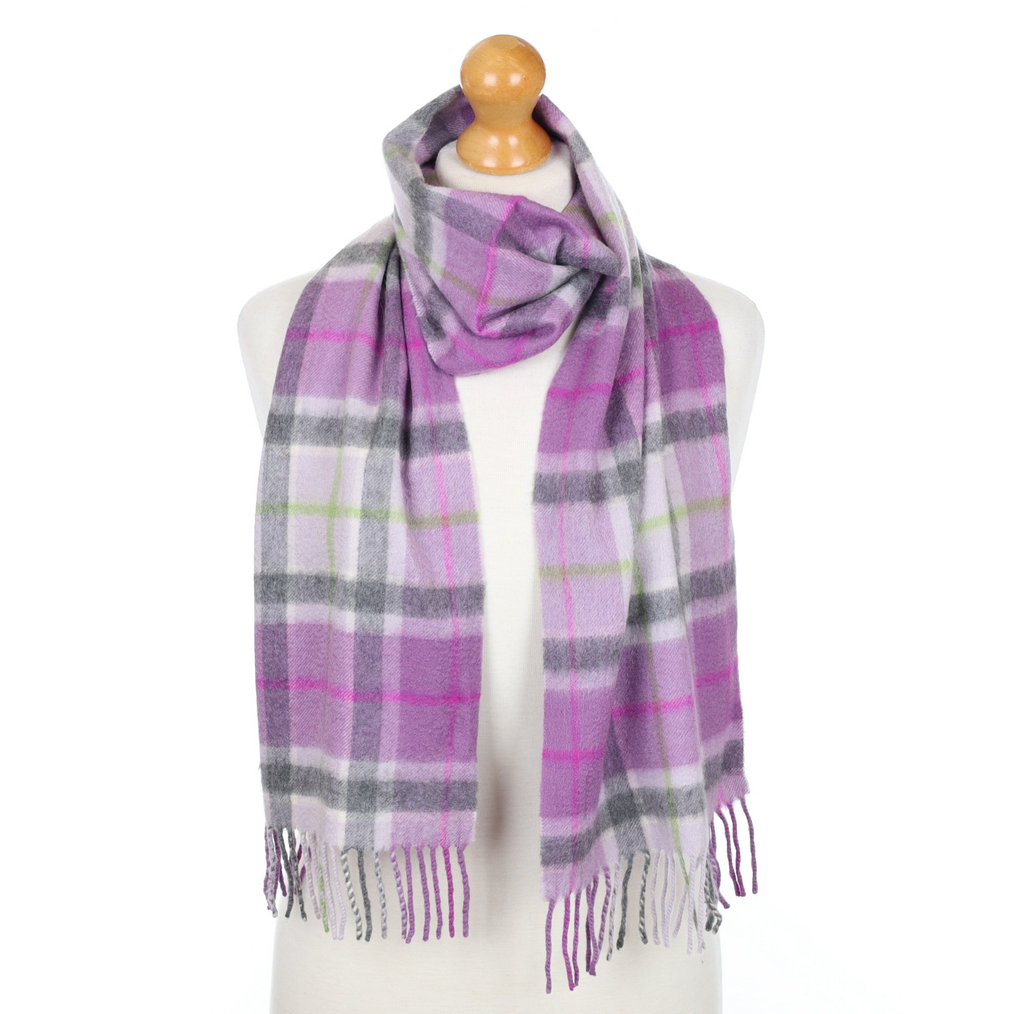 Purple and Grey Checked Fringed Cashmere Woven Scarf