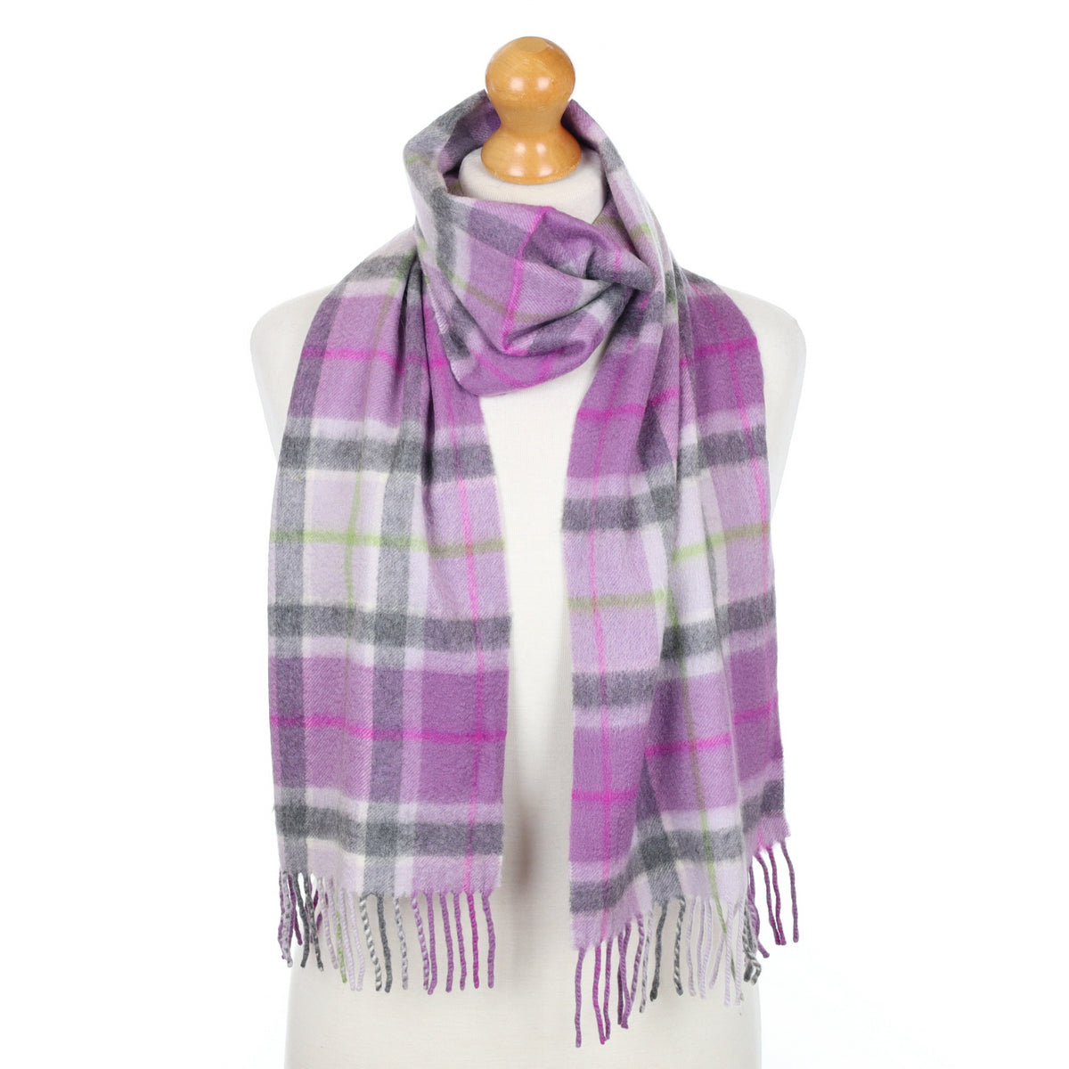 Purple and Grey Checked Fringed Cashmere Woven Scarf