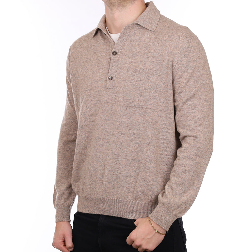 Men’s Brand New Scottish Fawn Marl Cashmere Collared 1/4 Button Jumper XXL