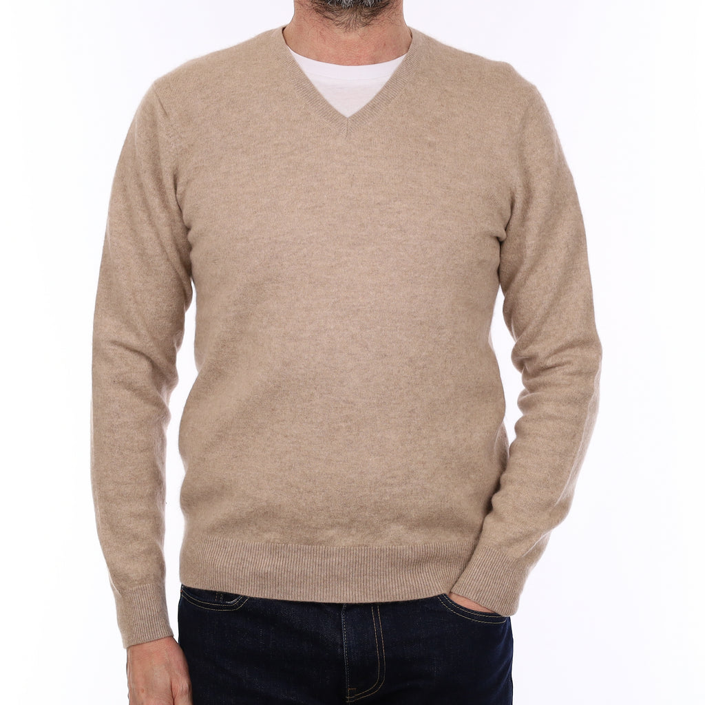 Men's Fawn Brown Cashmere V Neck Jumper Small