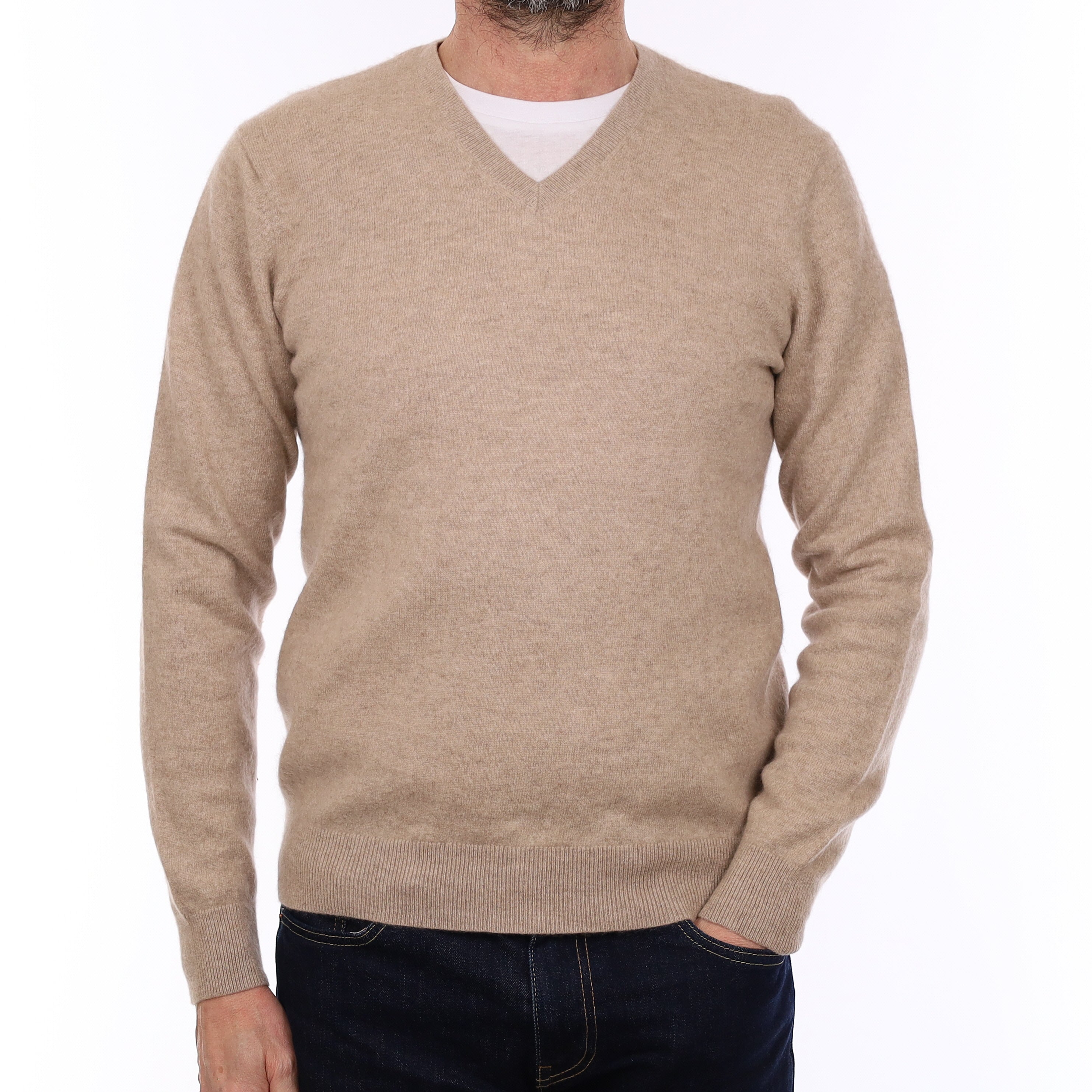 Men's Fawn Brown Cashmere V Neck Jumper Small