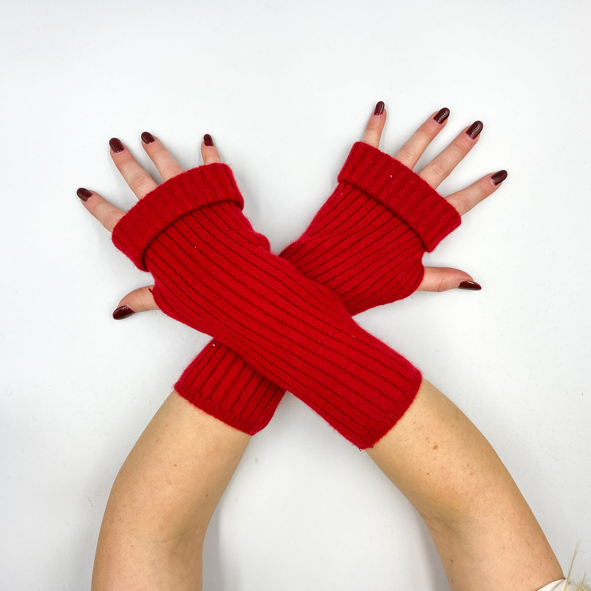 Crimson Red Ribbed Knit Fingerless Gloves