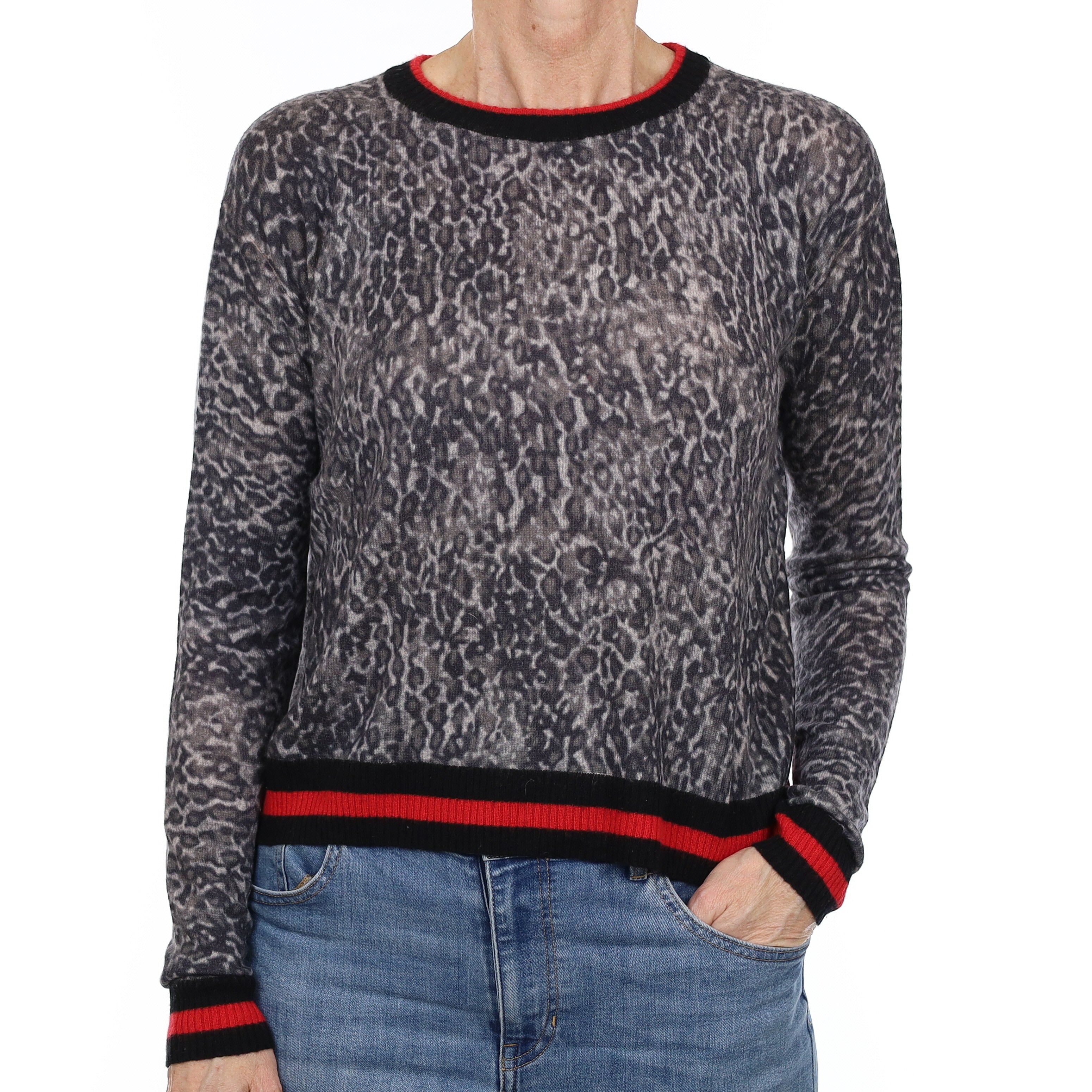 Grey Leopard Print Fine knit Cashmere Crew Neck Jumper Small