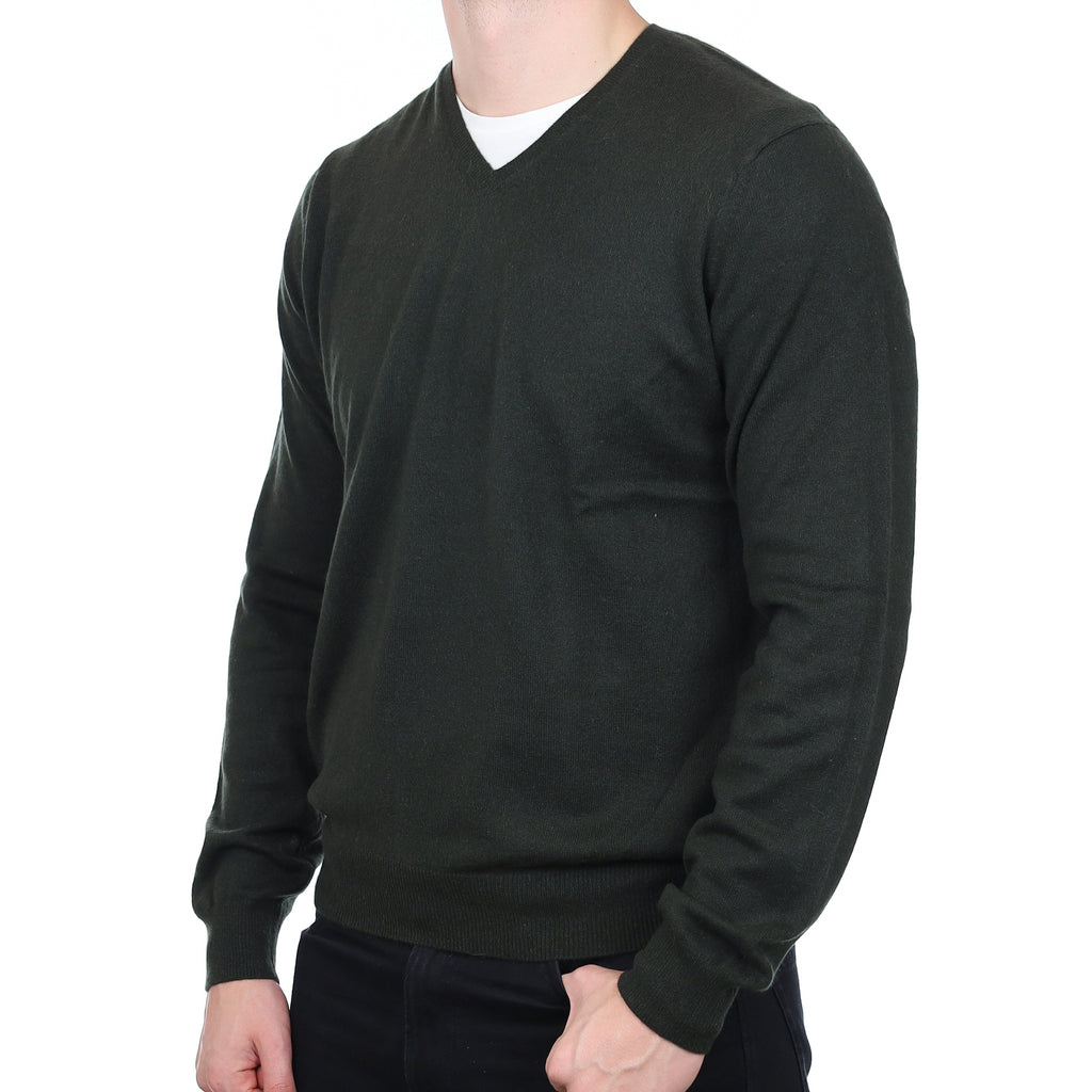 Men’s Shadow Green Cashmere V Neck Jumper Extra Large