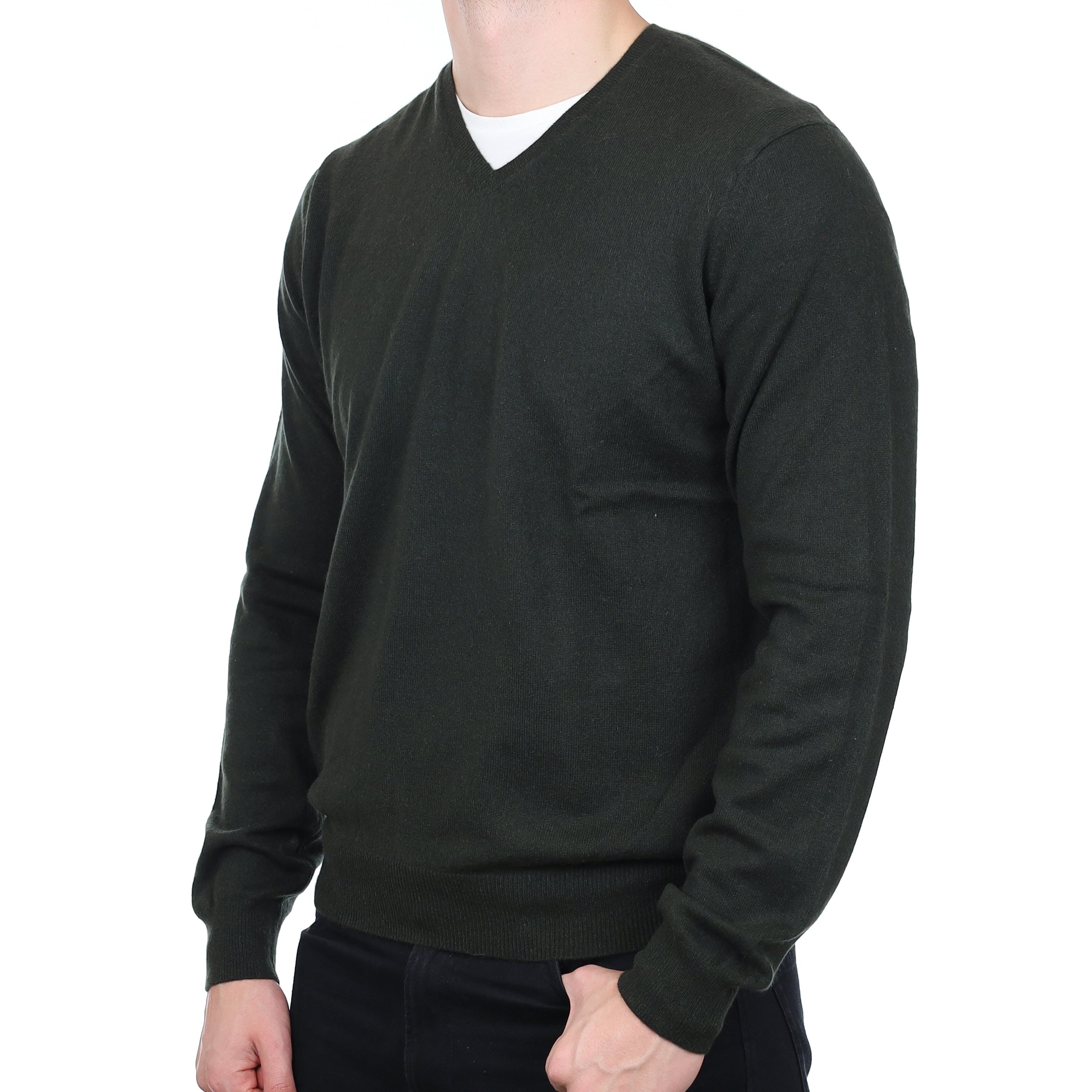 Men’s Shadow Green Cashmere V Neck Jumper Extra Large