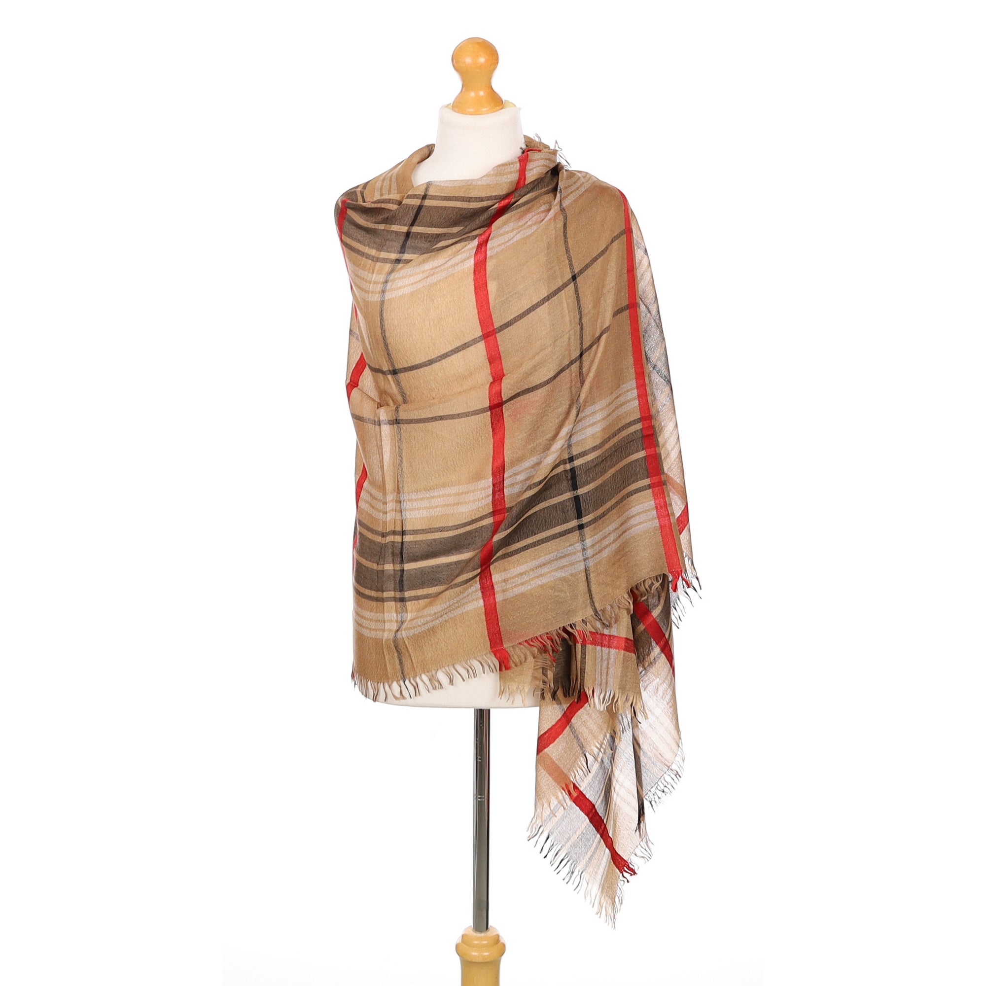 Scottish Begg & Co Red and Camel Checked Woven Cashmere & Silk Wrap