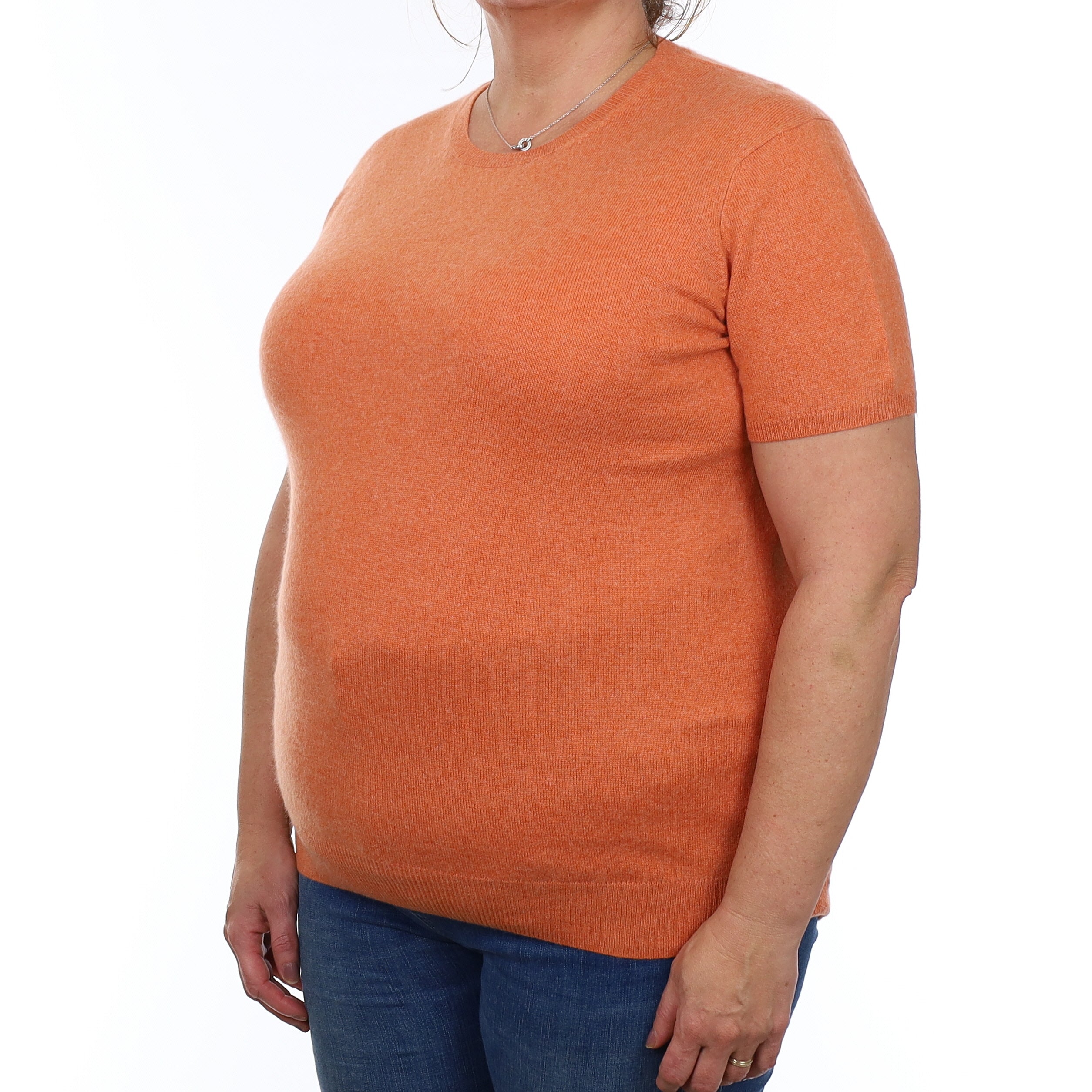 Sunset Orange Cashmere Short Sleeved Crew Neck Jumper Extra Large