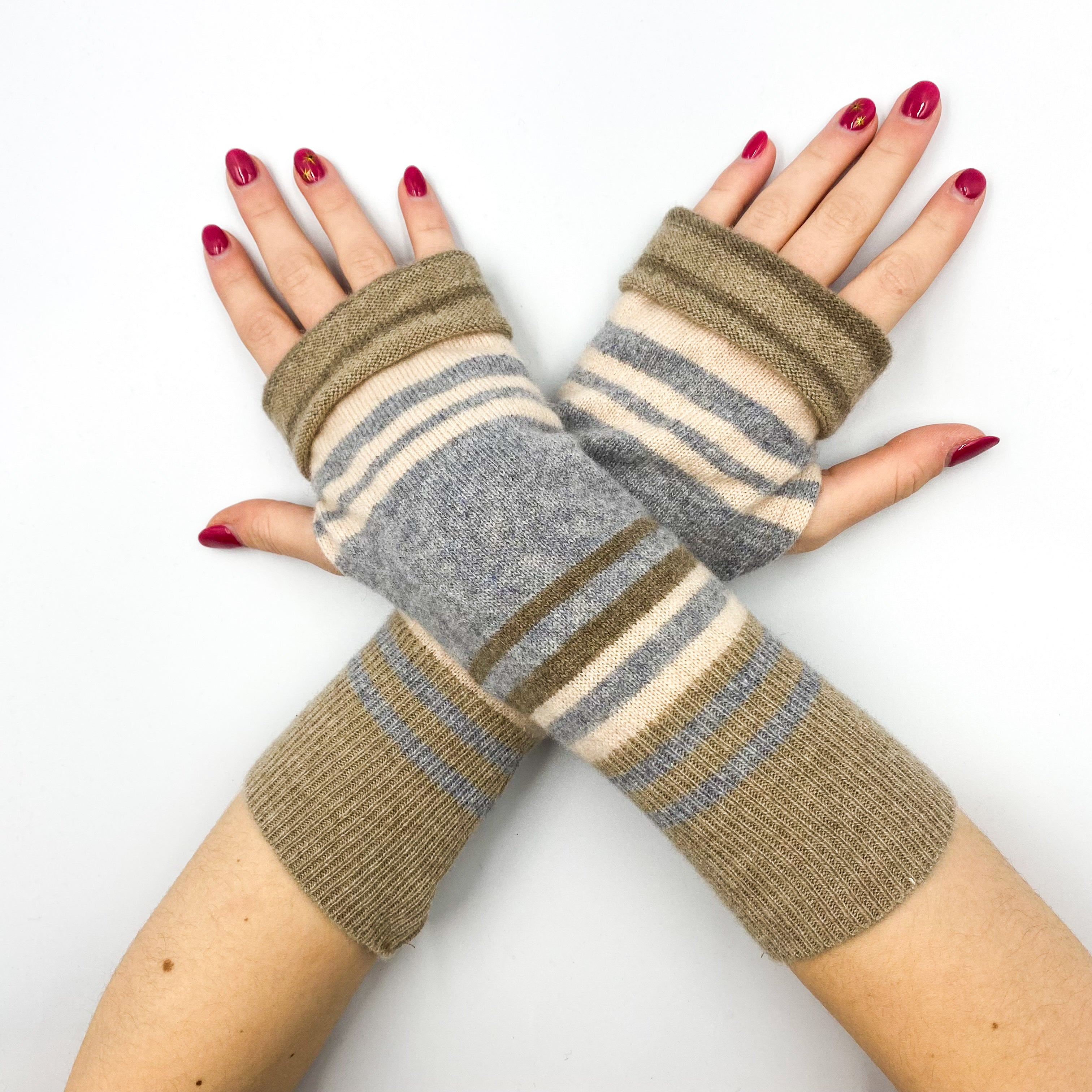 Mocha and Shell Pink Stripe Fingerless Gloves