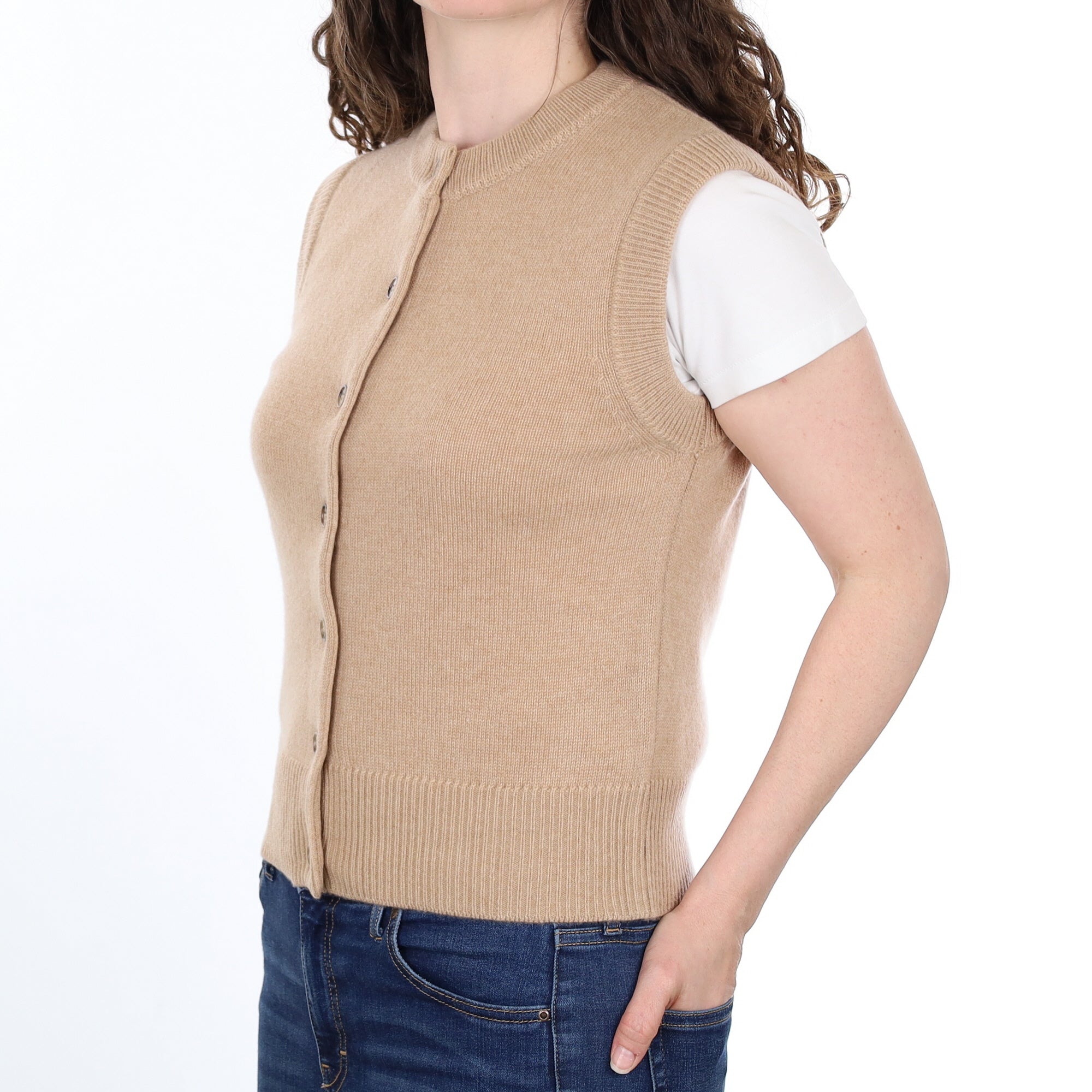 Brand New Caramel Luxury Cashmere Crew Neck Waistcoat Small UK 8-10