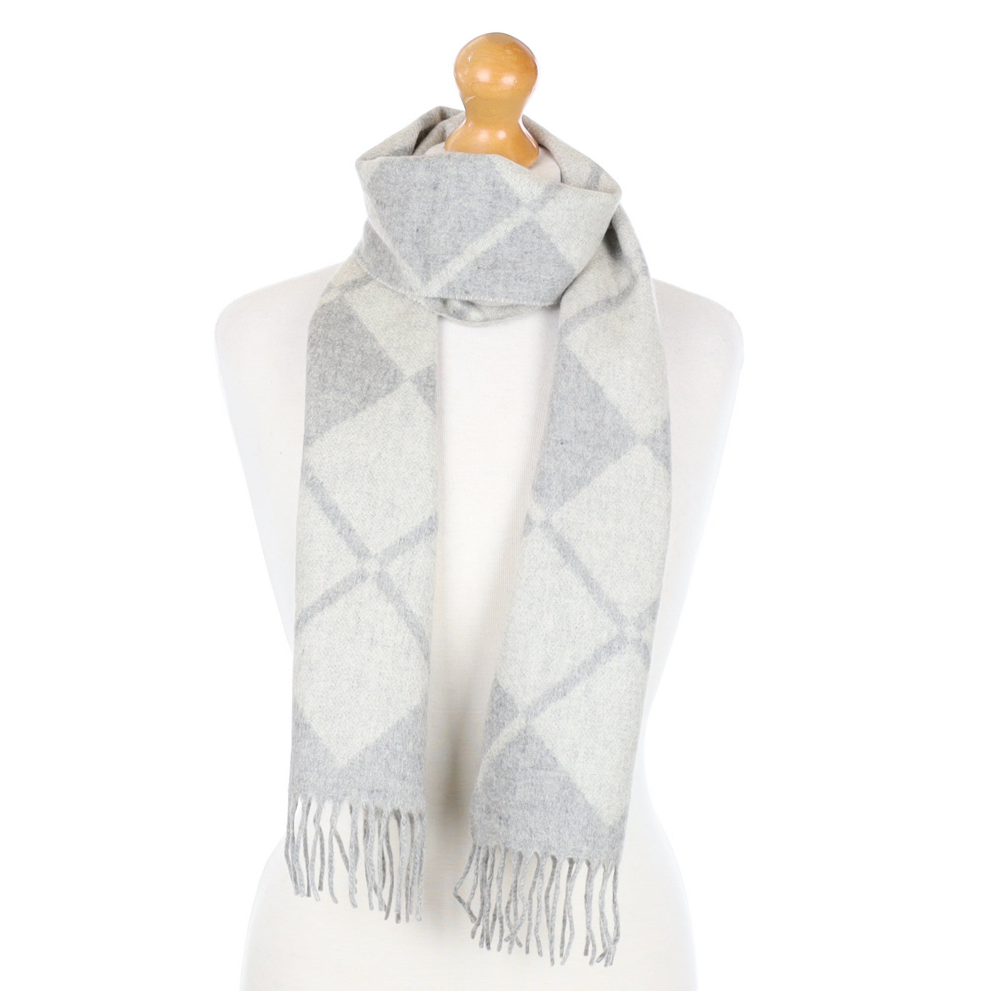 Smoke and Mist Grey diamond Detail Cashmere Fringed Woven Scarf