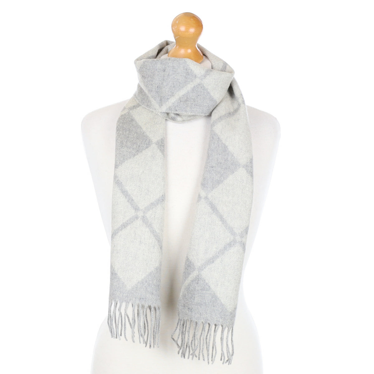 Smoke and Mist Grey diamond Detail Cashmere Fringed Woven Scarf