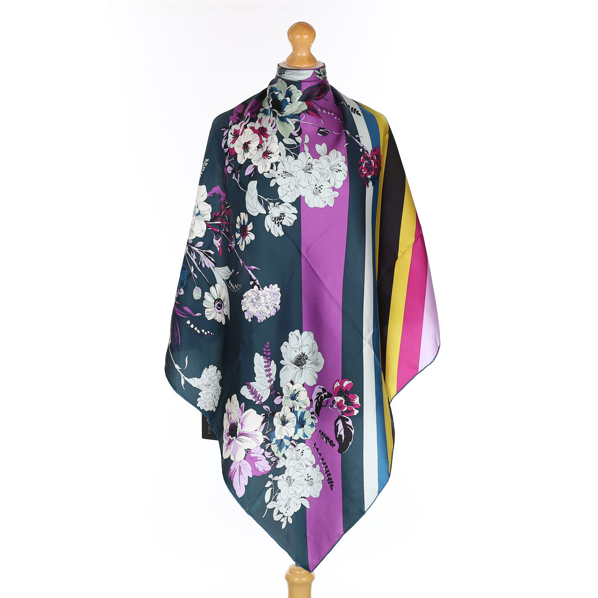 Fraas Petrol Blue Floral and Stripe Silk Scarf