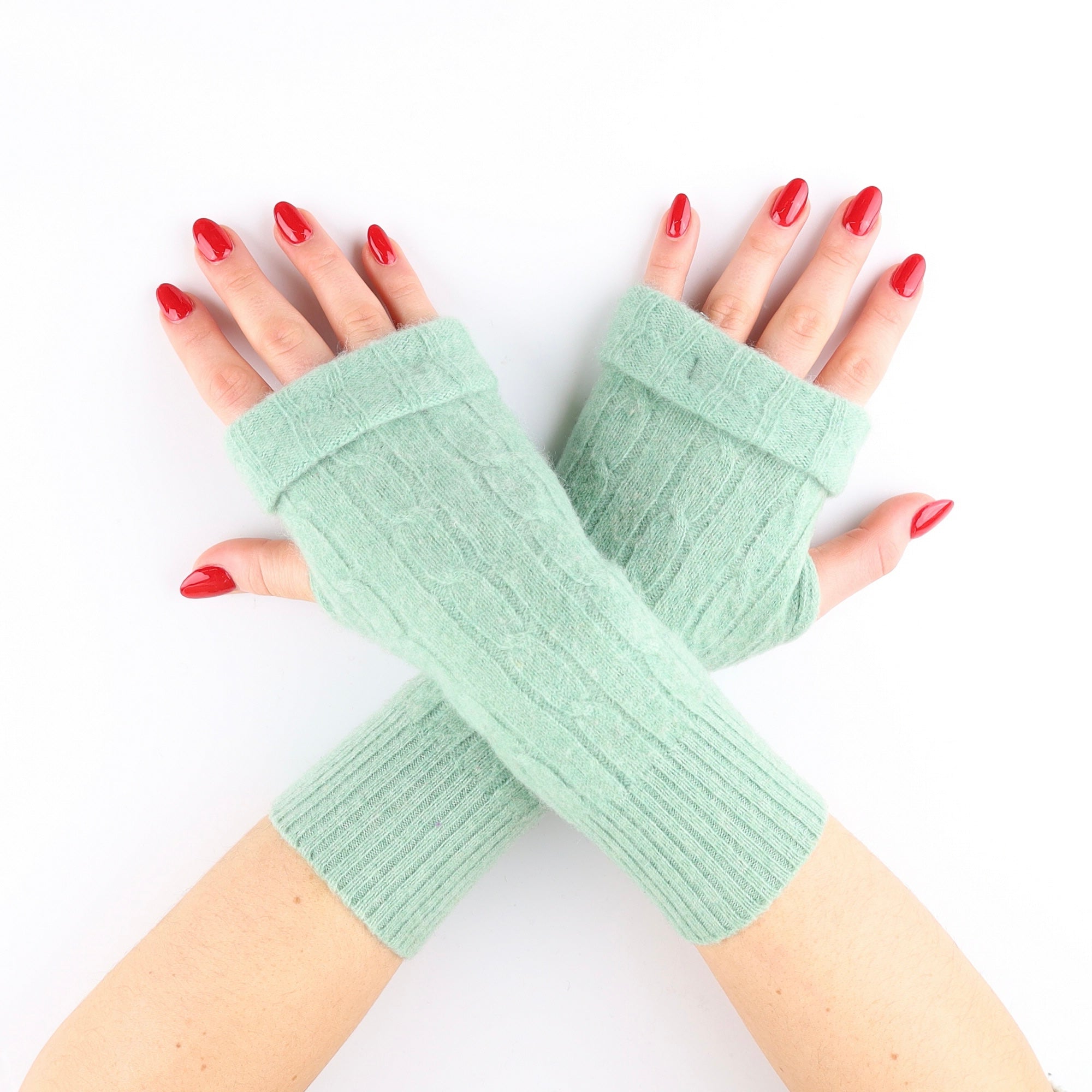 Pastel Green Cable Knit Detail Fingerless Gloves