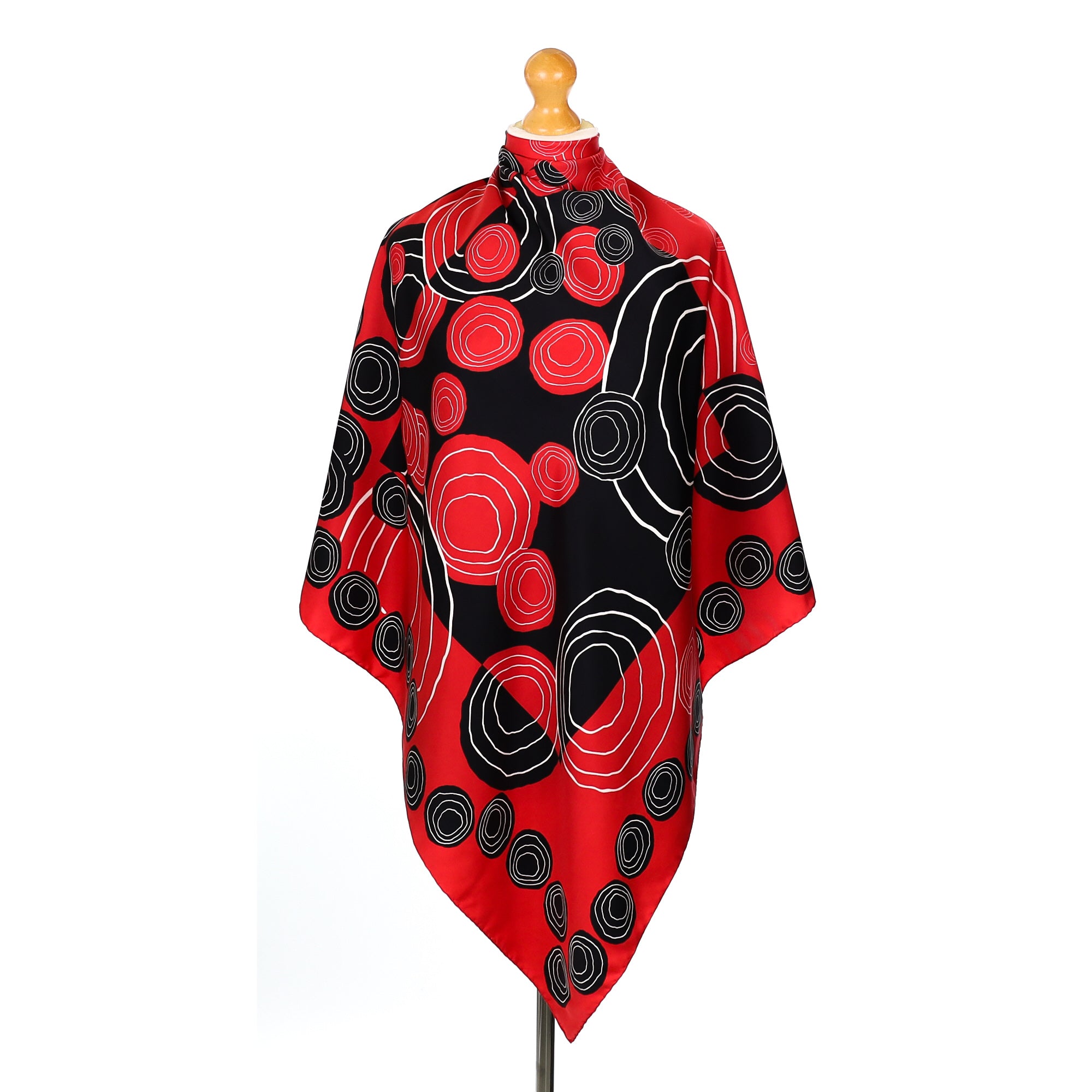 Italian Black and Red Abstract Circles Vintage Silk Scarf