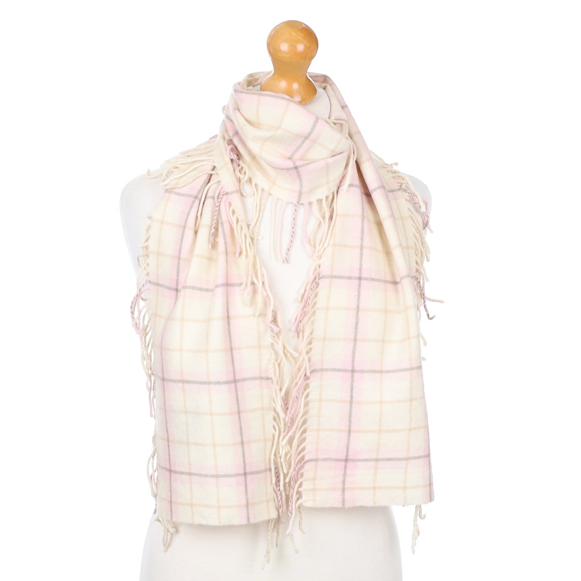 Baby Pink and Cream Tasseled Edge Cashmere Woven Scarf