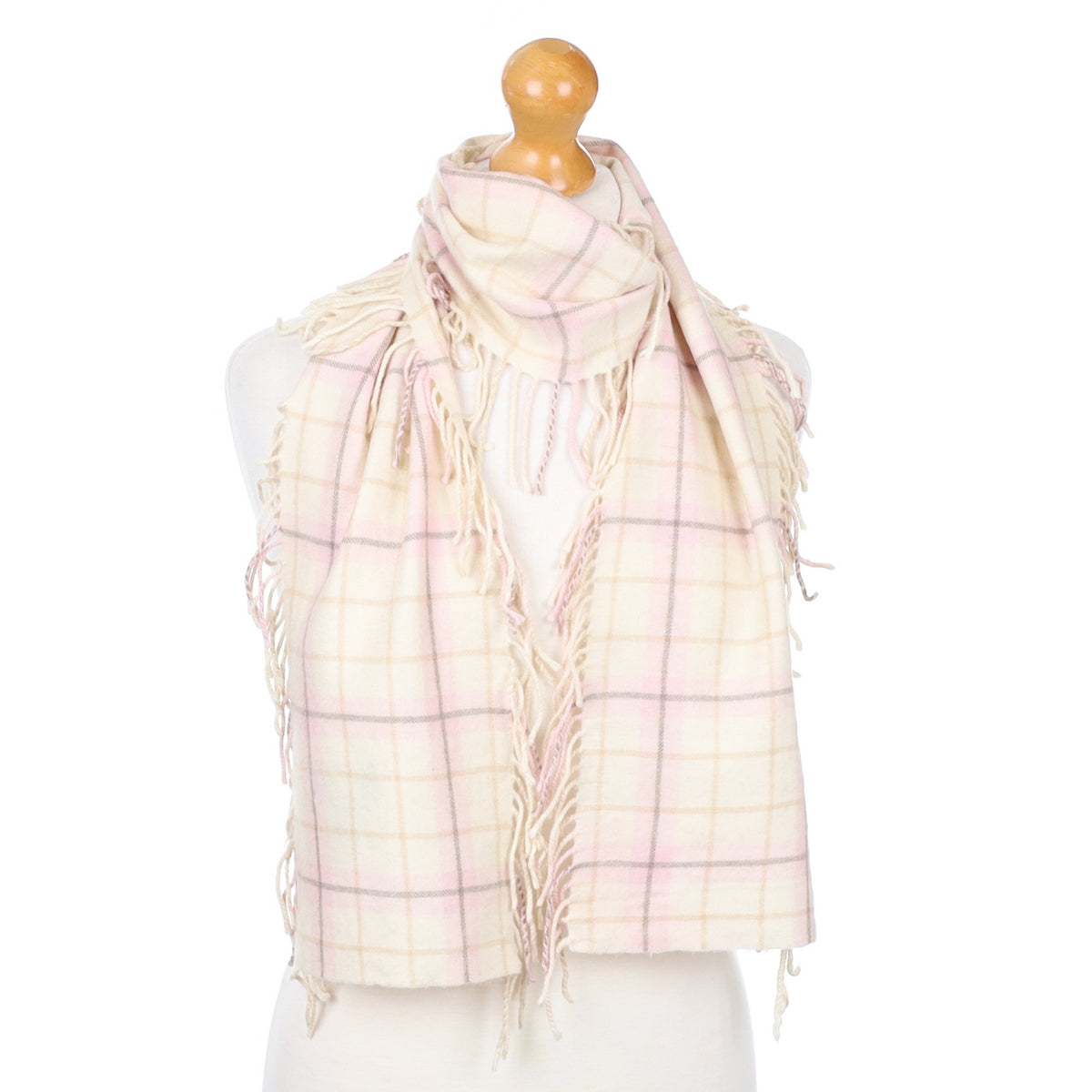Baby Pink and Cream Tasseled Edge Cashmere Woven Scarf