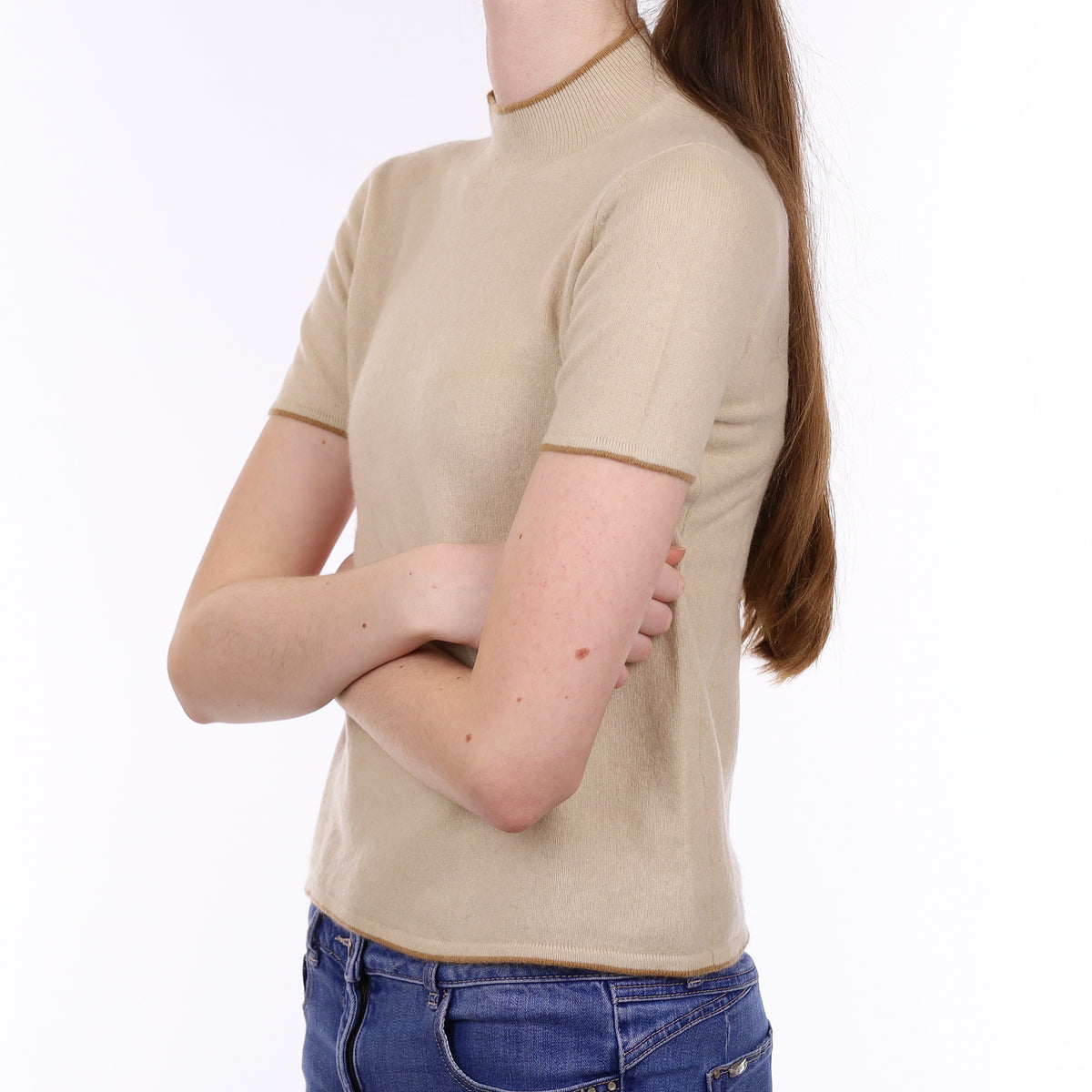 Beige with Caramel Trim Cashmere Short Sleeved Turtle Neck Jumper Extra Small