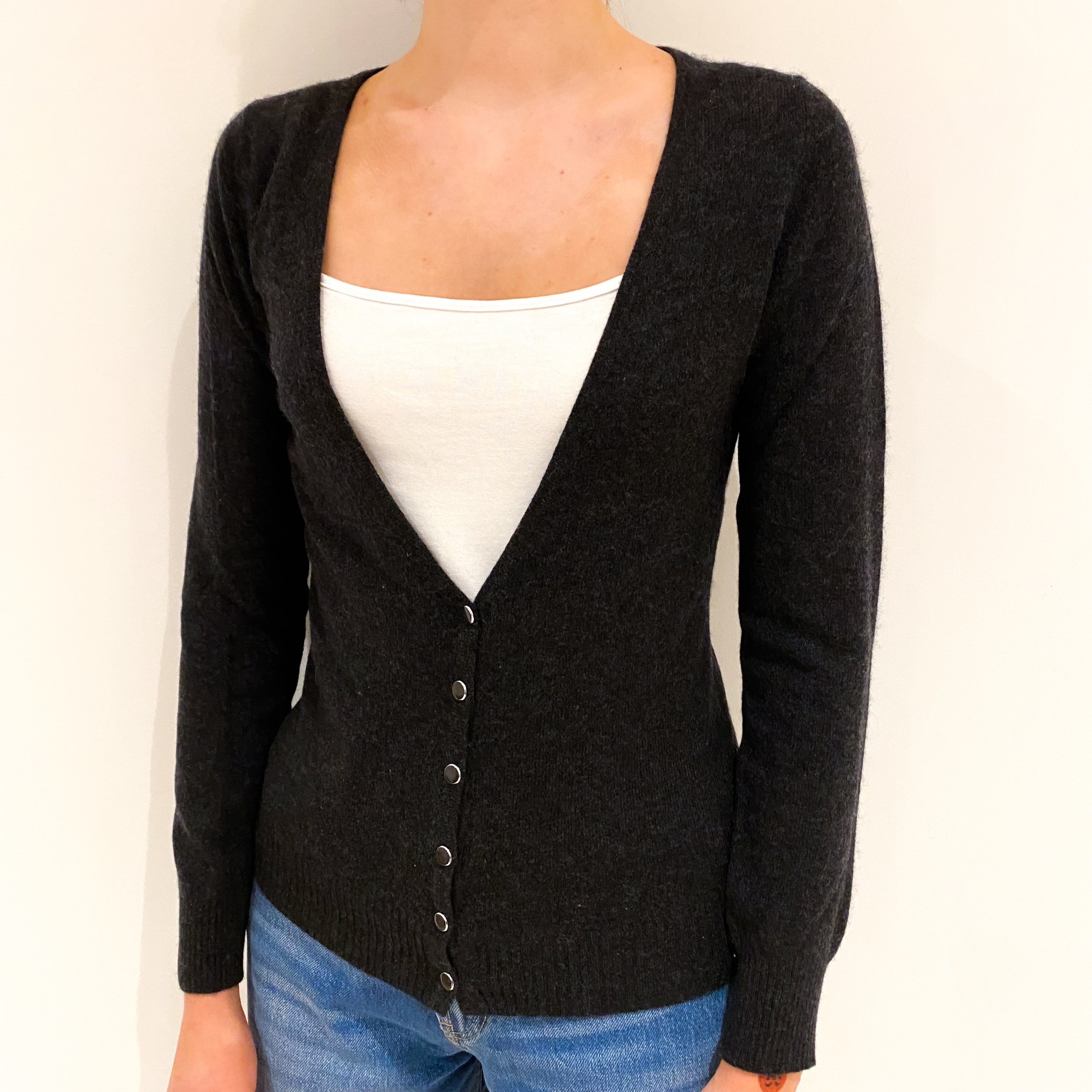 Dark Grey Cashmere V-Neck Cardigan Extra Small