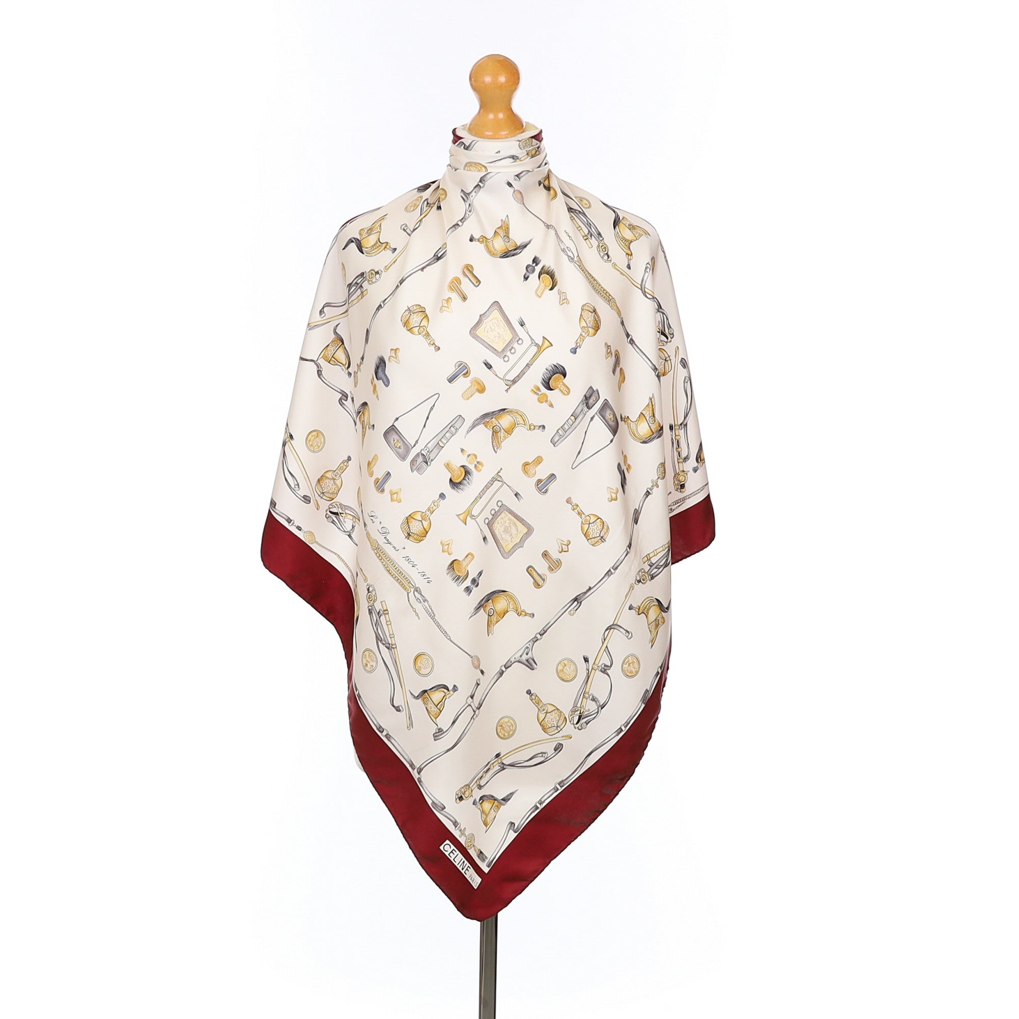 Imperfect Celine Cream and Burgundy Patterned Vintage Silk Scarf