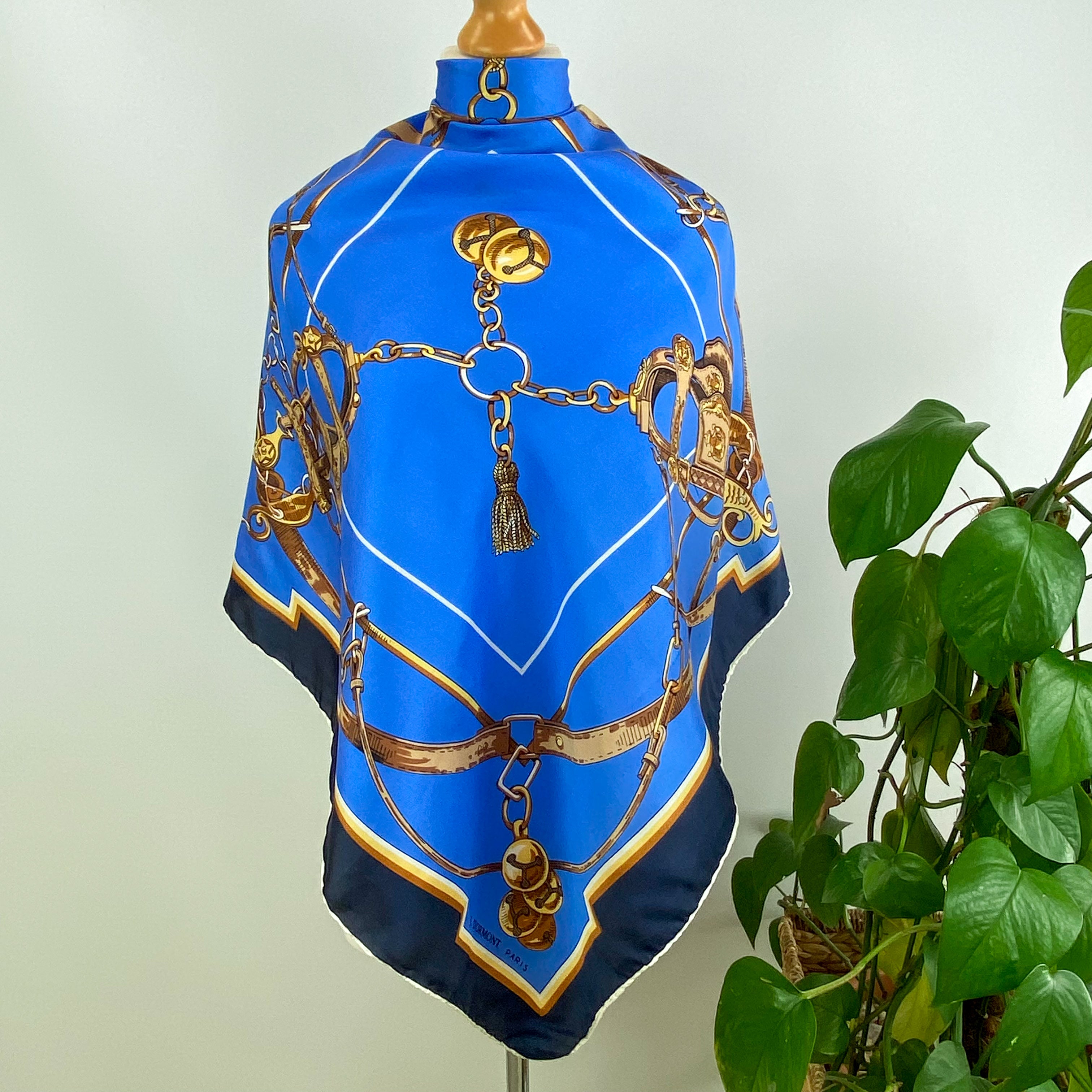 J. D’ormont Blue and Gold Vintage Silk Scarf