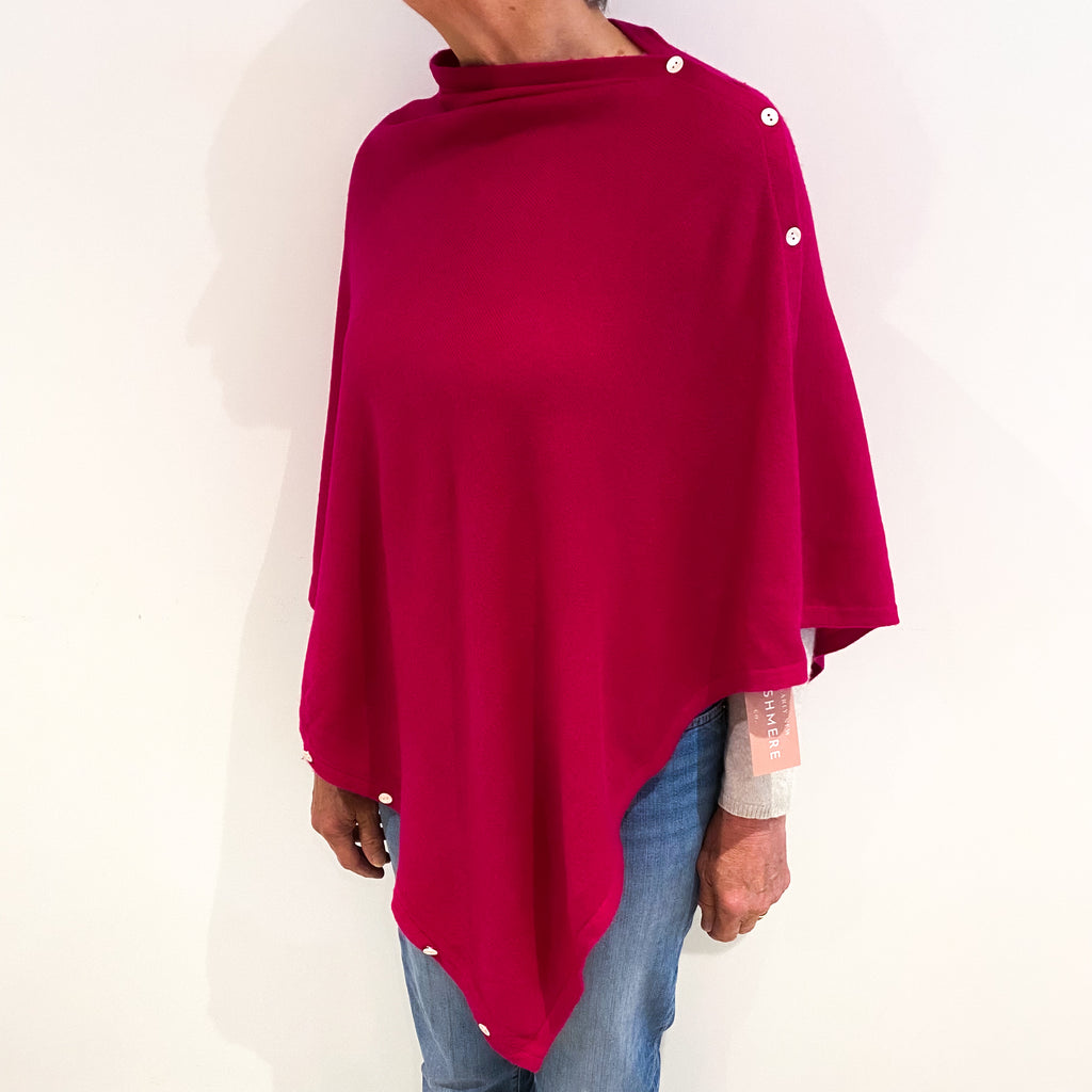 Fuchsia Pink Cashmere Buttoned Poncho Wrap One Size