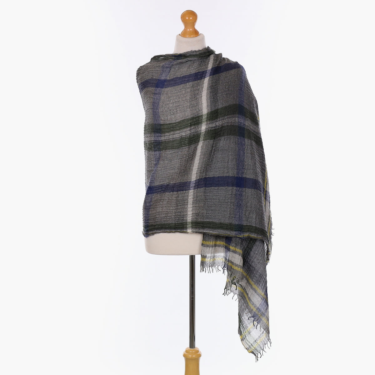 Brand New Begg & Co Grey Checked Cashmere Blend Woven Crinkle Wrap