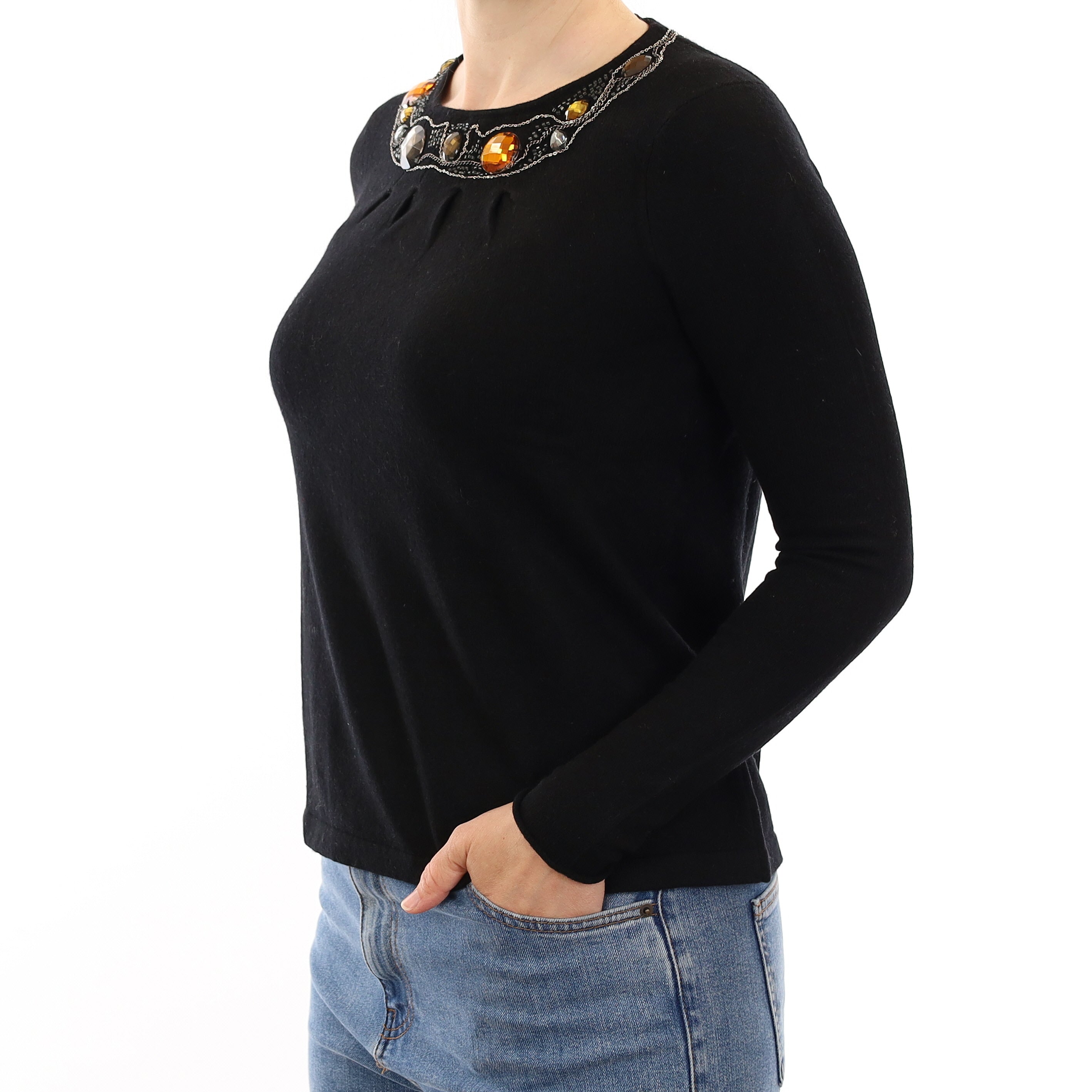 Black Embellished Cashmere Crew Neck Jumper Small