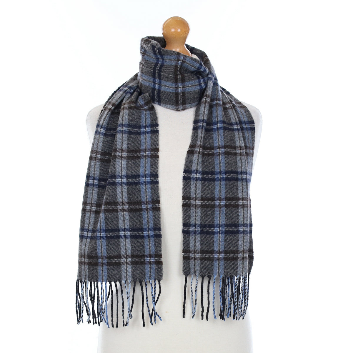 Blue And Grey Checked Cashmere Woven Scarf