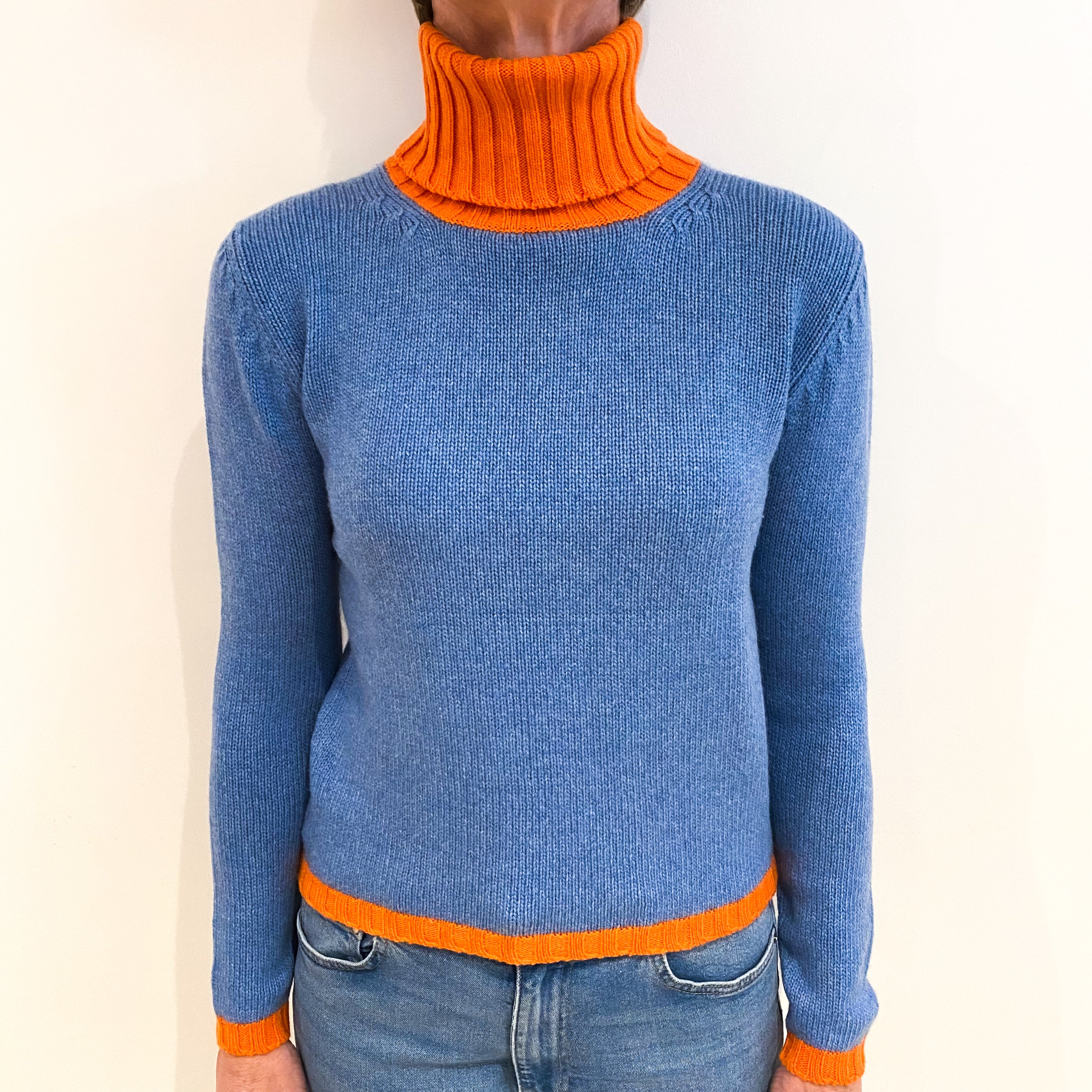 Italian Bereta Blue And Orange Cashmere Polo Neck Jumper Small