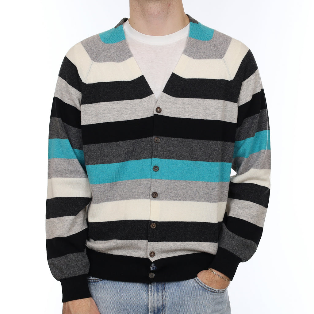 Men's Brand New Scottish Aqua and Grey Striped Cashmere V Neck Cardigan Medium