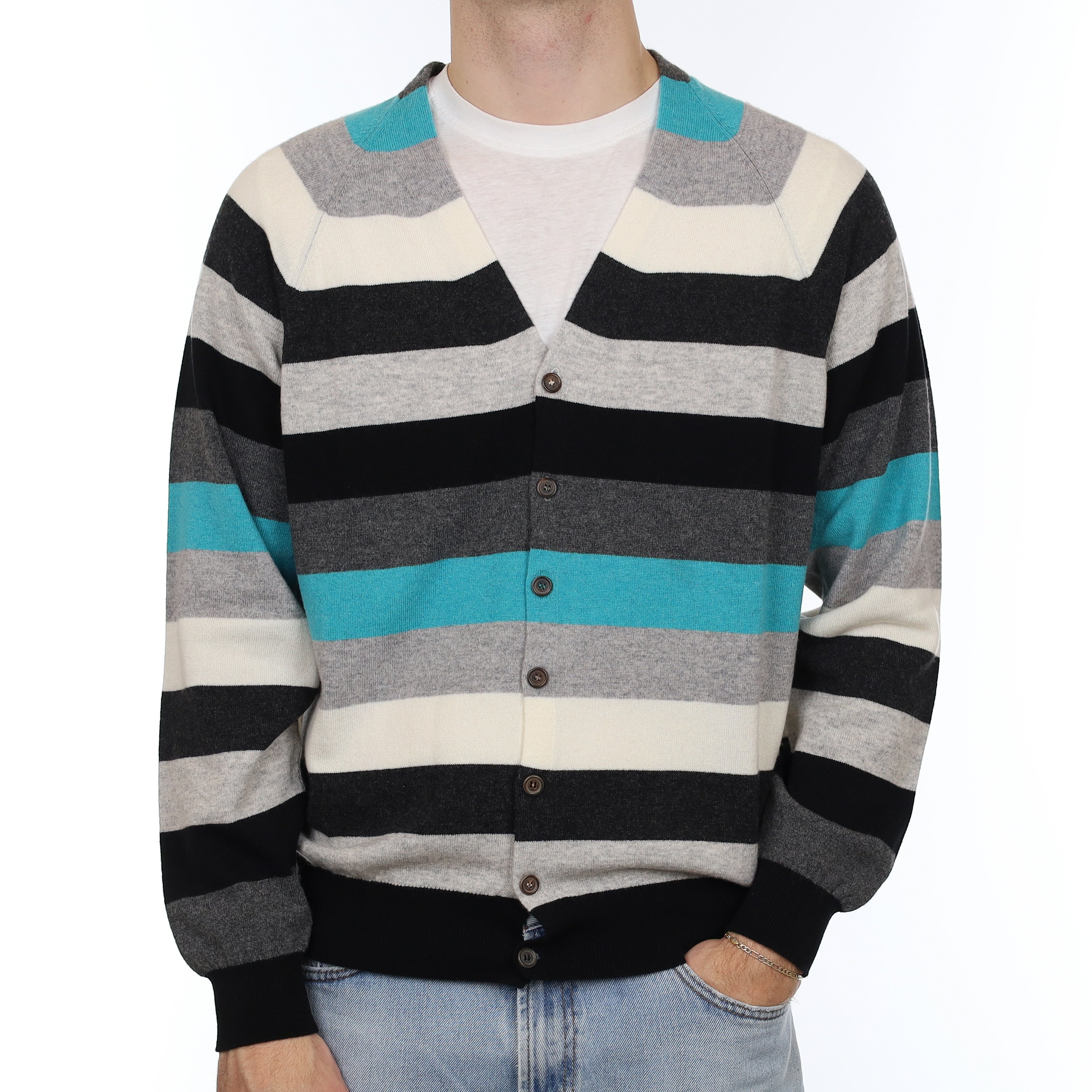 Men's Brand New Scottish Aqua and Grey Striped Cashmere V Neck Cardigan Medium