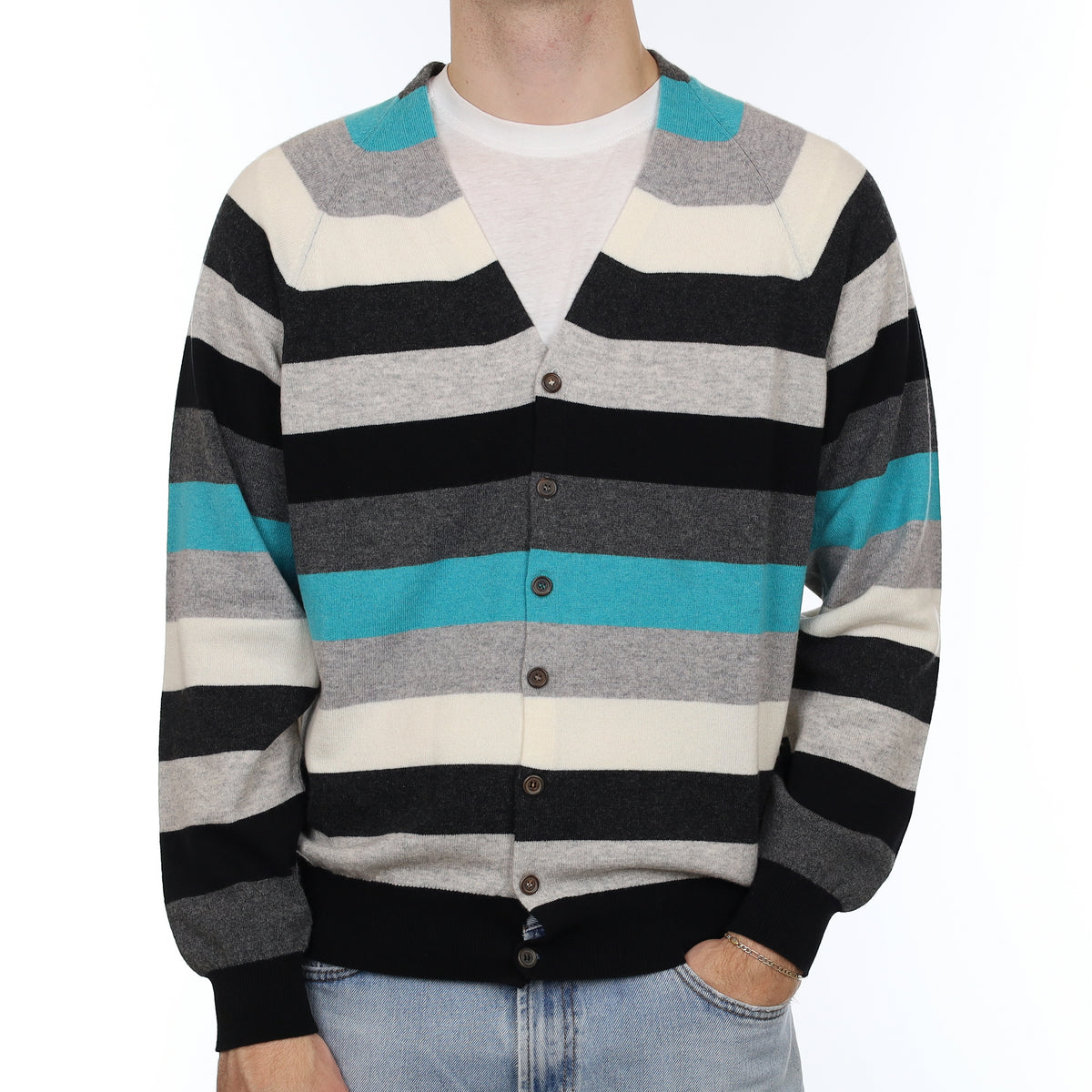 Men's Brand New Scottish Aqua and Grey Striped Cashmere V Neck Cardigan Medium