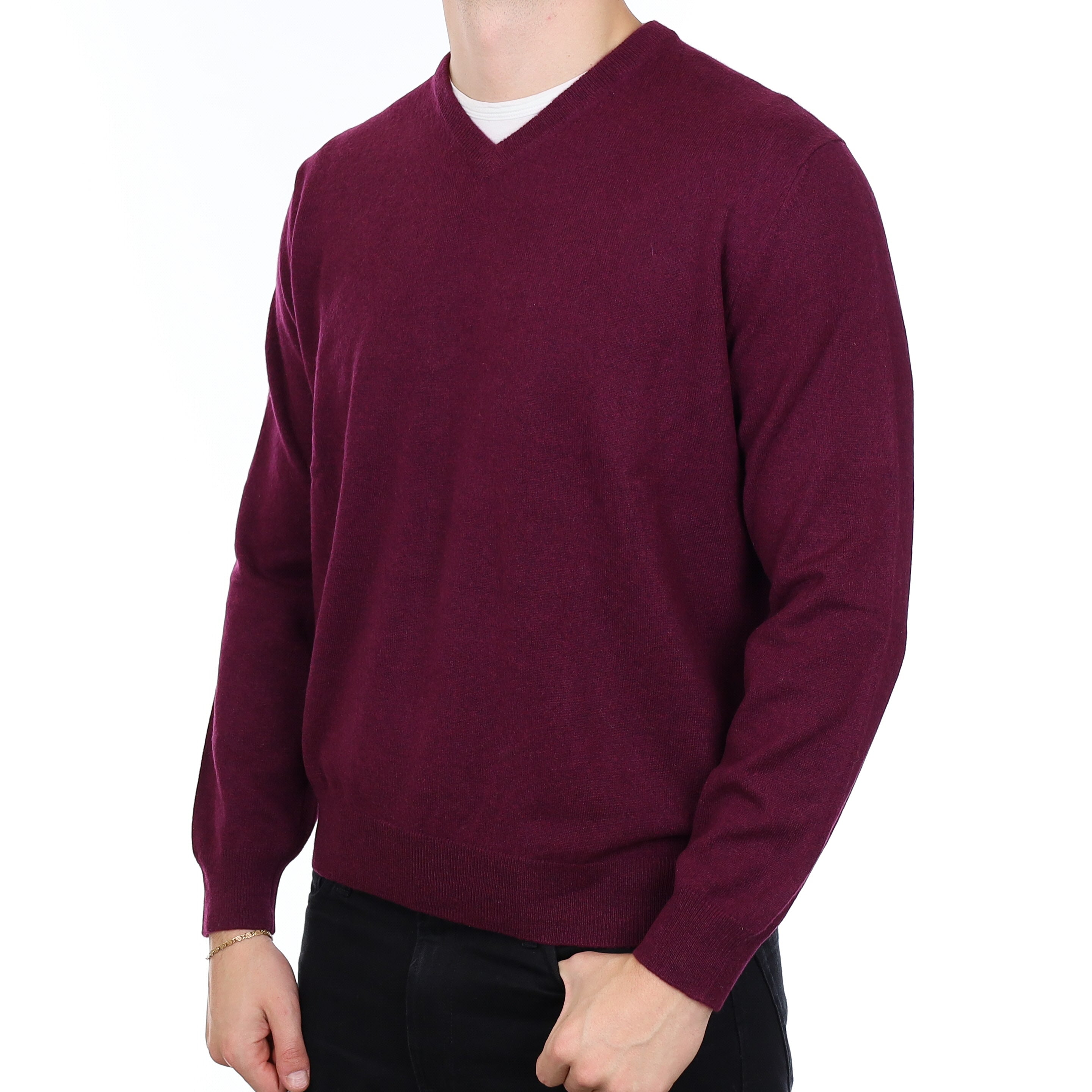 Men’s Bramble Purple Cashmere V Neck Jumper XXL