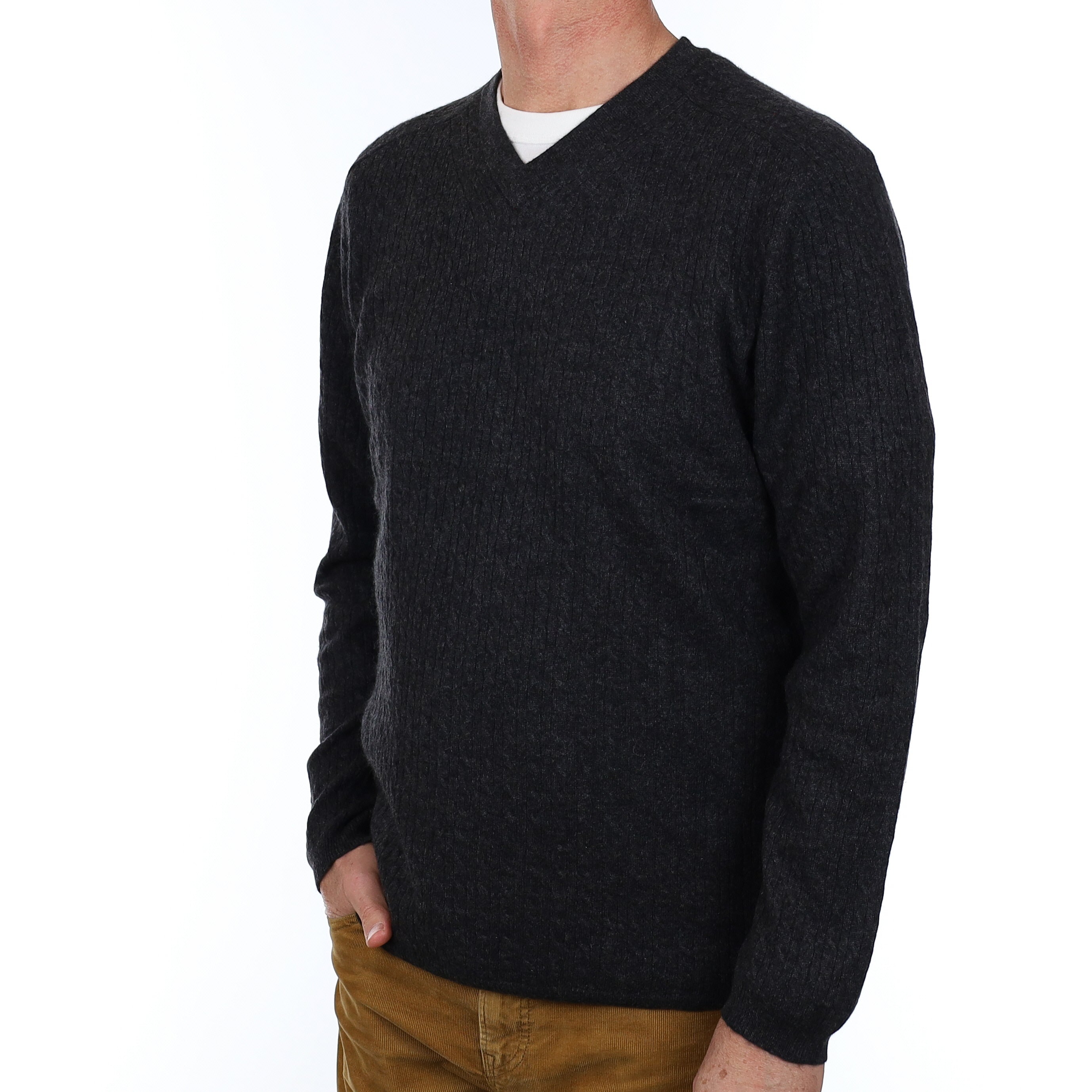 Men’s Granite Grey Cable Cashmere V Neck Jumper Extra Large