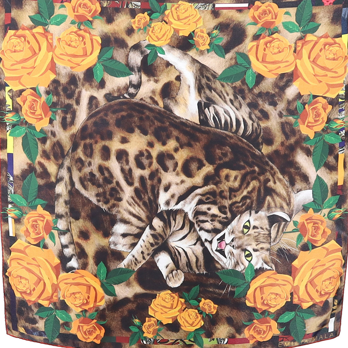 Emilia Mala Cat In Roses Silk Scarf
