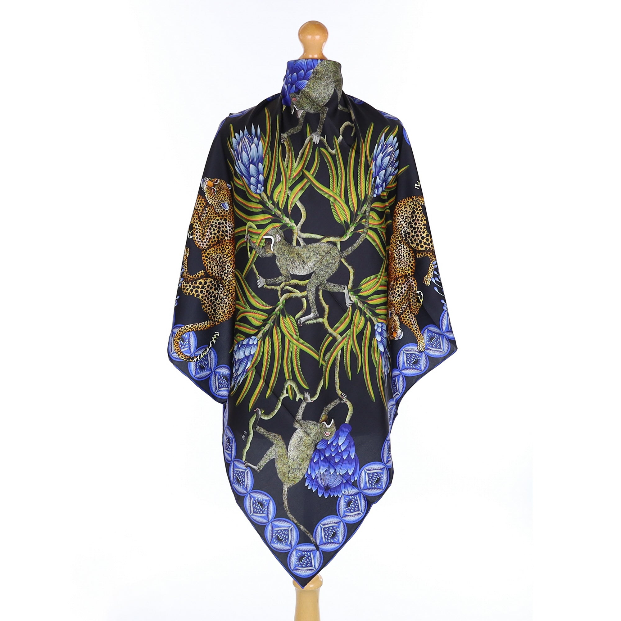 Brand New Bellezza Black & Blue Leopard Safari Double Faced Silk Scarf