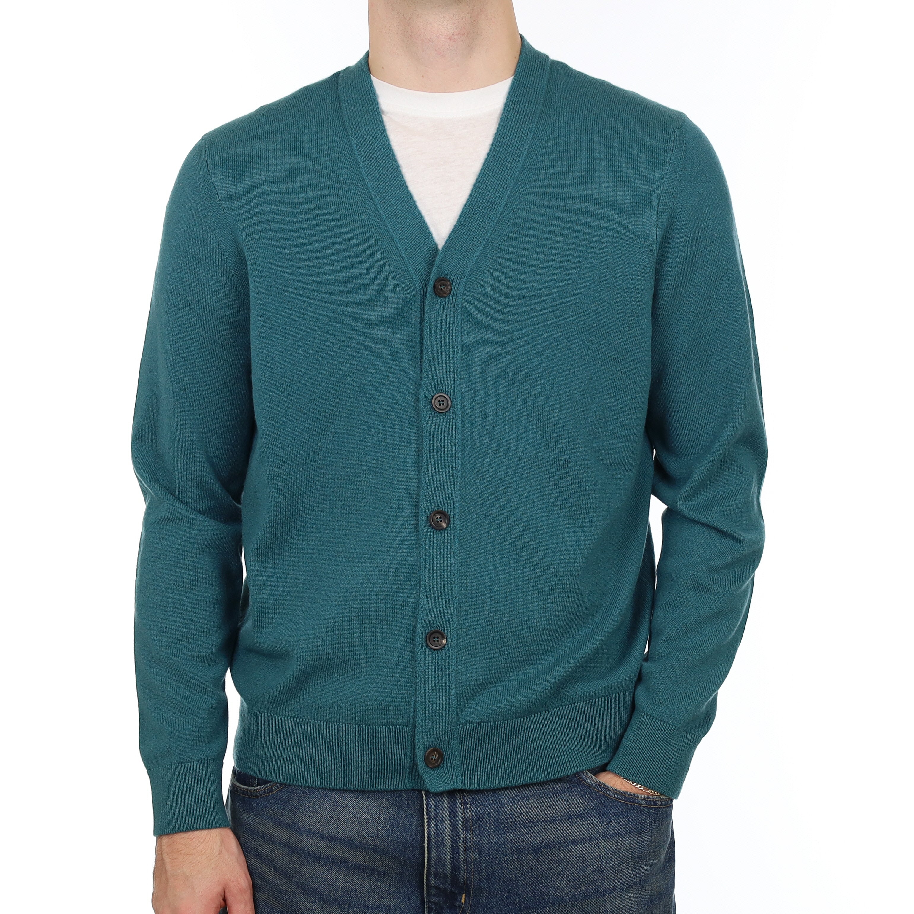 Men’s Brand New Scottish Ocean Green Cashmere V Neck Cardigan Medium