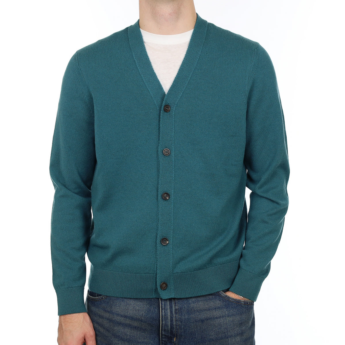 Men’s Brand New Scottish Ocean Green Cashmere V Neck Cardigan Medium