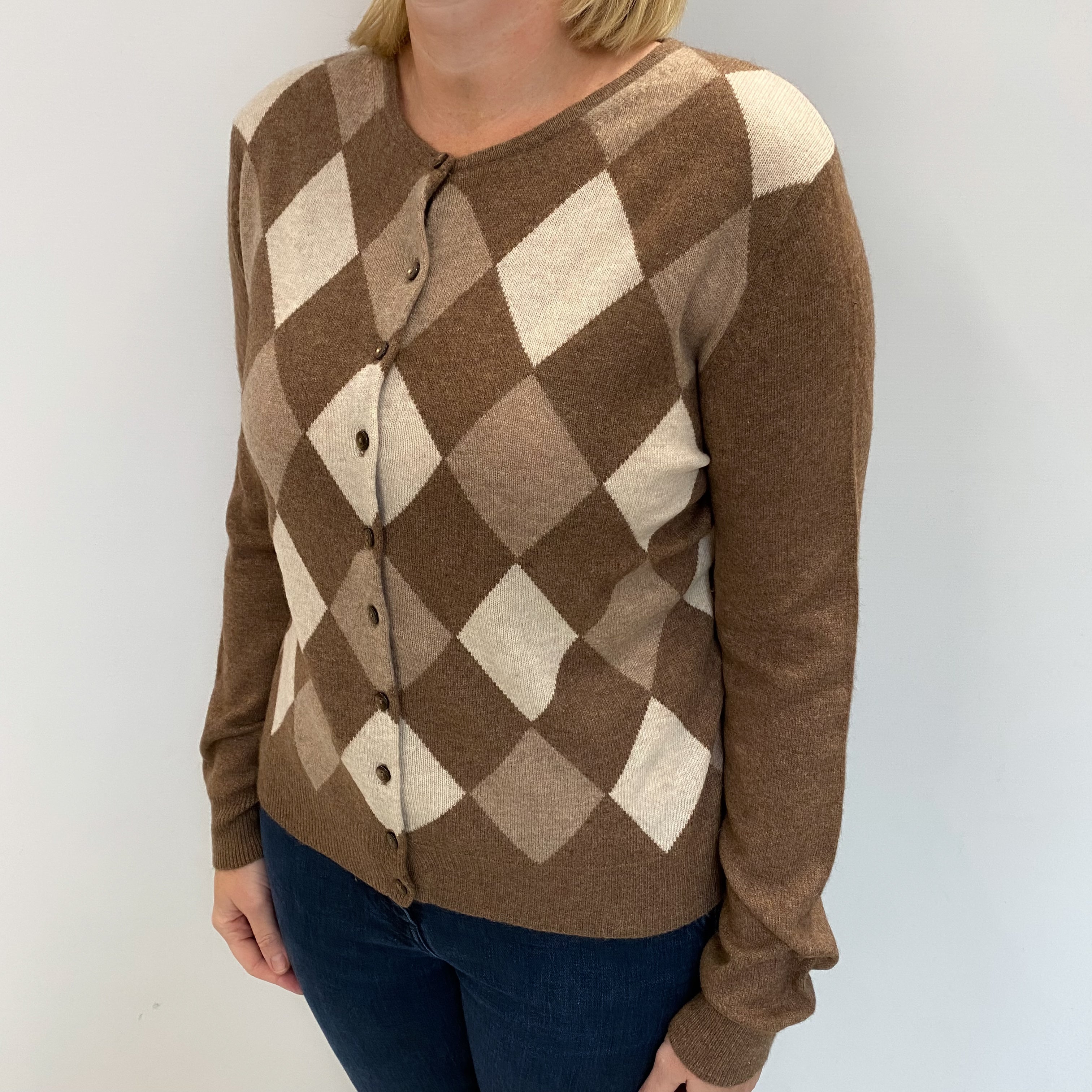 Saddle Brown Diamond Patterned Cashmere Crew Neck Cardigan Large