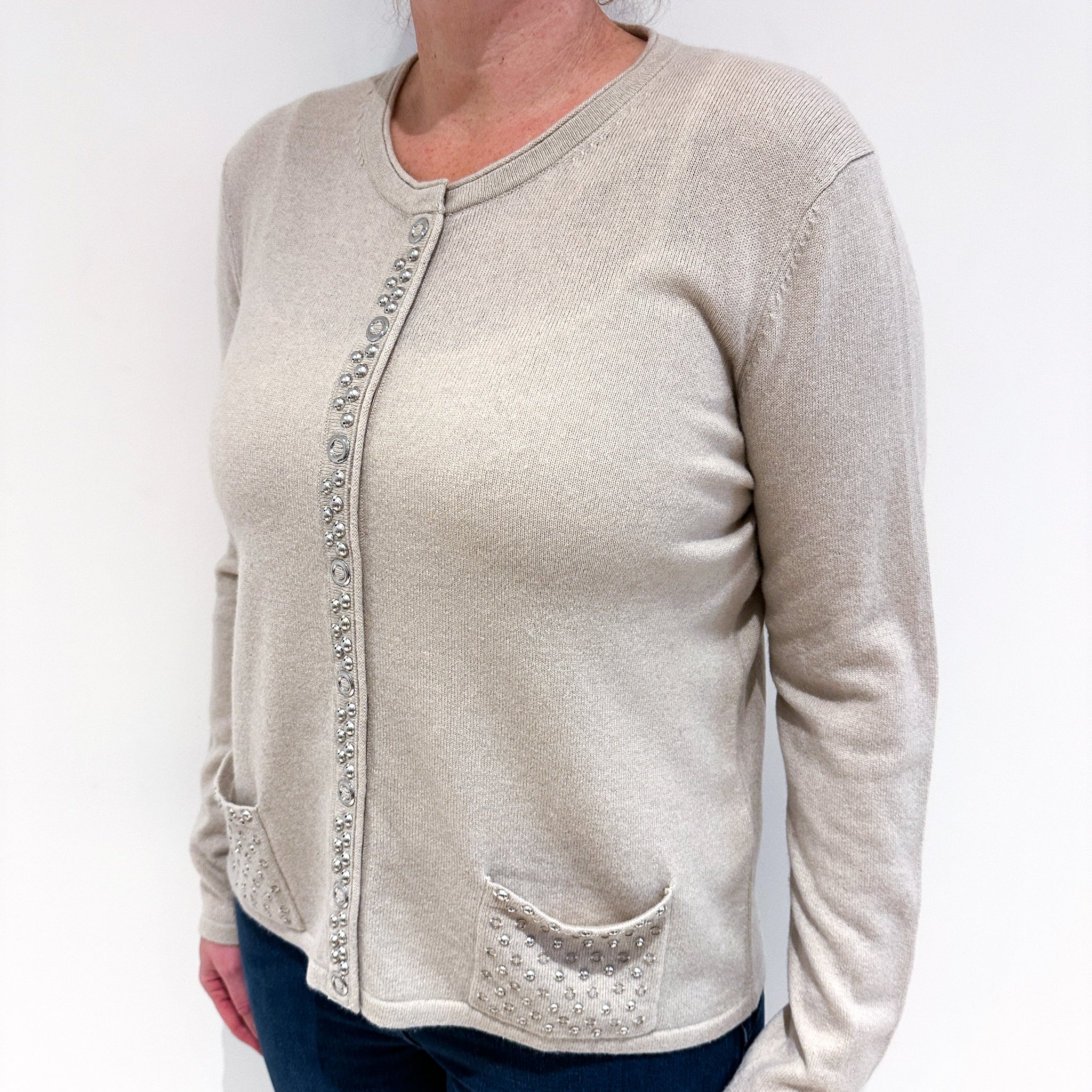 Oatmeal Silver Stud Crew Neck Cardigan Large