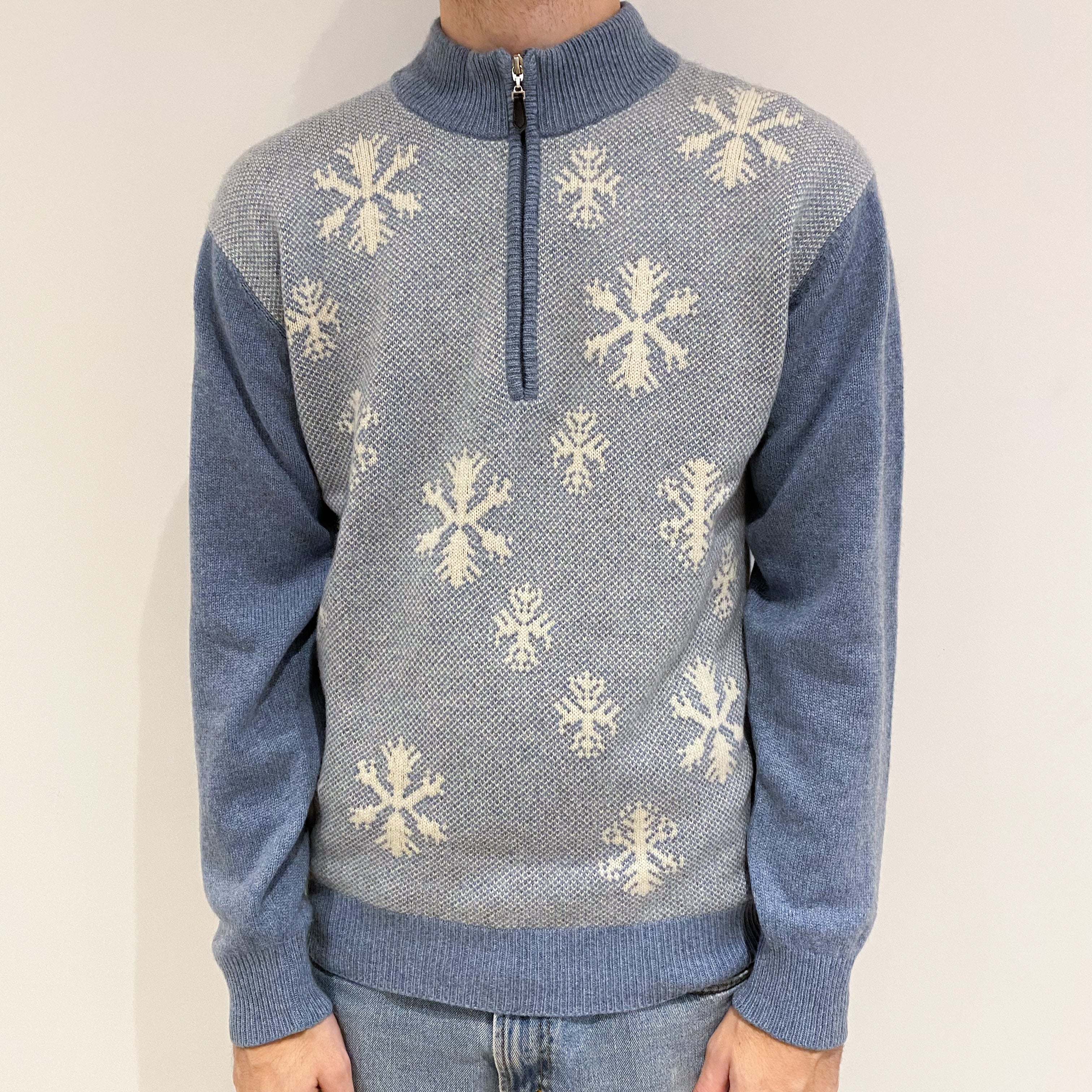 Men’s Denim Blue Snowflake 1/4 Zip Jumper Large